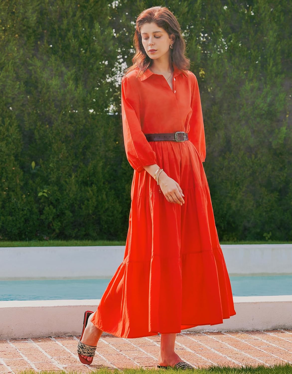 Women Button Down Maxi Shirt Dress Long Sleeve Flowy Tiered Collared Dresses with Pockets - Image 5