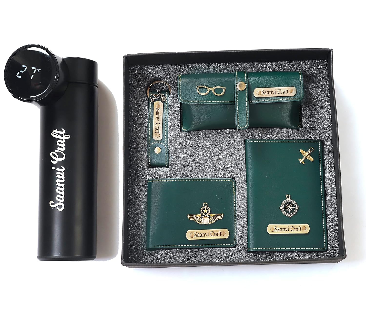 Dream Gift Glore Customized 5 in 1 Engraved 1 LED Flask Bottle, Passport Cover with Wallet, Eye Wear Case, and Metal Keychain Combo - Men's Combo Accessories, Personalised Gifts (Green)-image-47