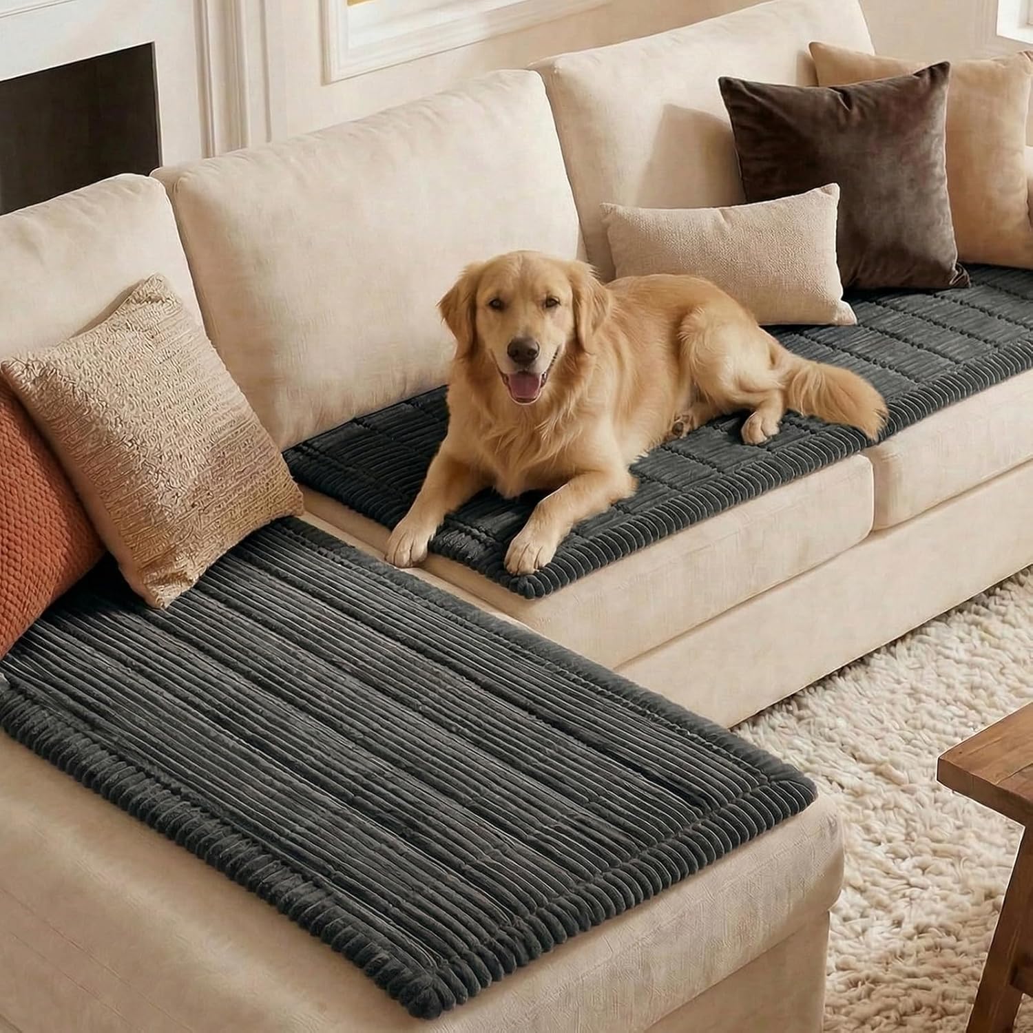 Britimes 2 Pieces Sectional Couch Covers for L Shape Sofa, Fuzzy Dog Couch Cover for 3 Cushion Couch, Non Slip Plush Sofa Slipcover, Washable Furniture Protector from Pets (Dark Grey, 28" x 59")