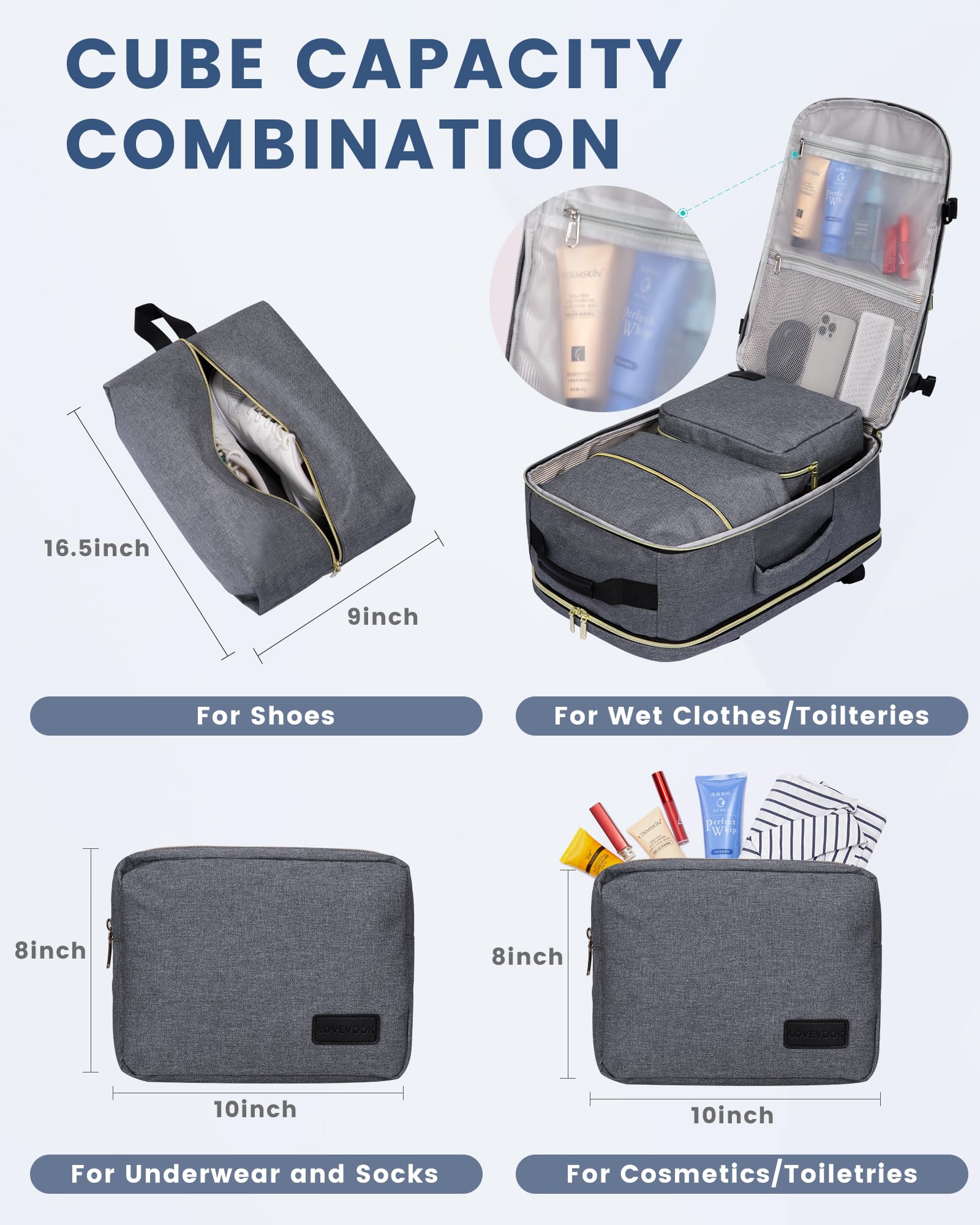 LOVEVOOK Zaino da Viaggio Aereo Bagaglio a Mano, Impermeabile Zaini Trolley Bagaglio Donna 40L Cabin Max per Ryanair Easyjet, Grande Zaino Porta PC 17 Pollici Valigia Borsa a Zainetto