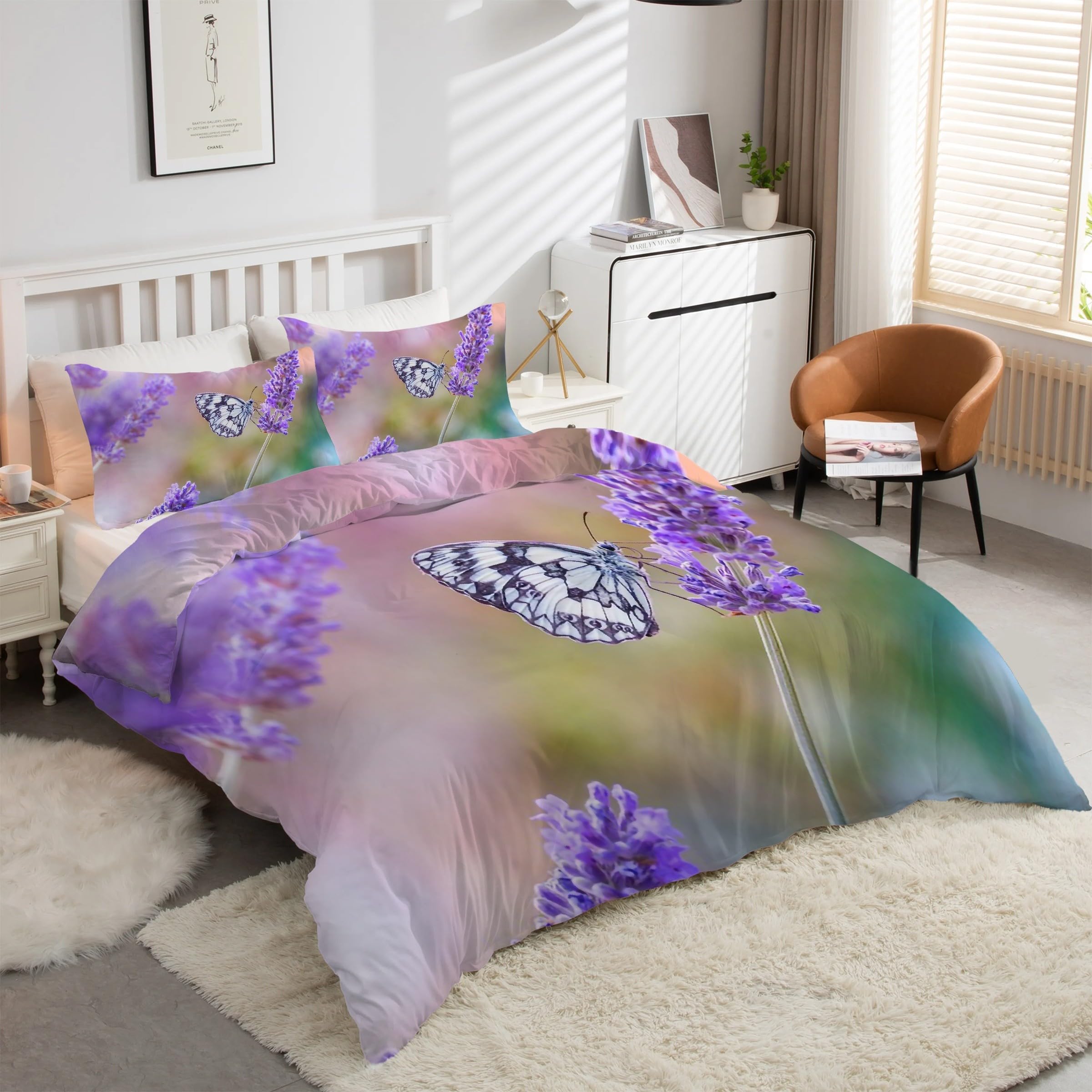 Parure de lit 90x190 lavande papillon avec housse de couette en microfibre et 2 taies d'oreiller