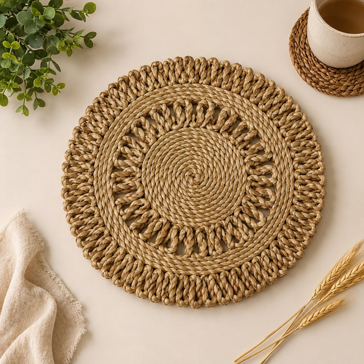 Boho Home Natural Hand Braided Jute Table Mat | Heat Resistant Multipurpose Jute placemat & Coaster for Dining Table, Decor | 15 x 15 inches Diameter | Thick and Durable for Heat, pan-image-5