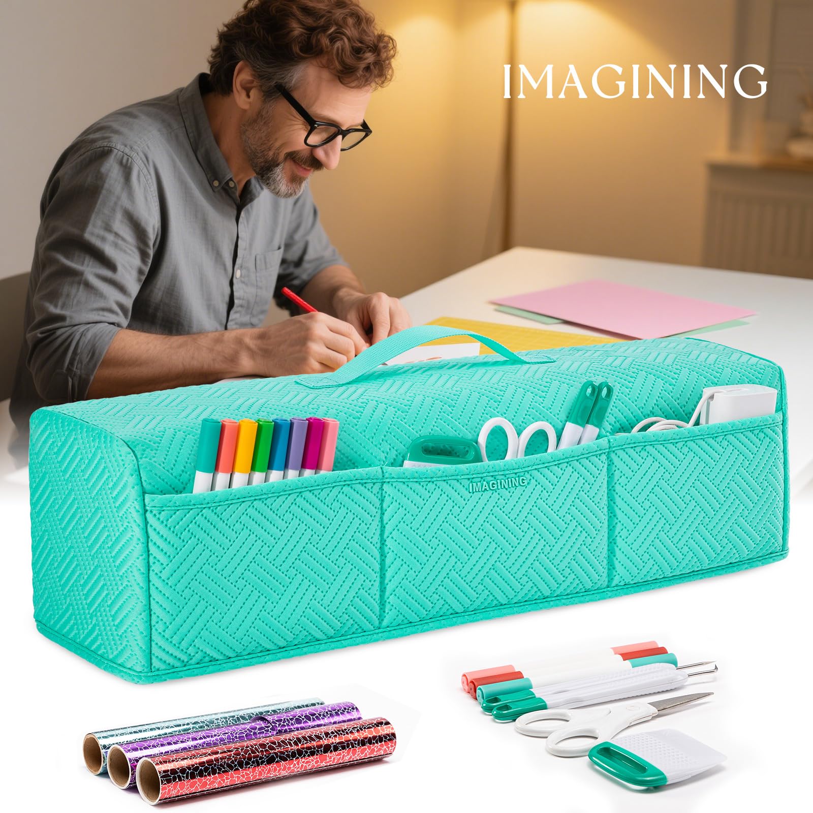 IMAGINING Housse anti-poussière rembourrée extensible et lavable compatible avec les machines Cricut Maker 3, Maker 4, Explore Air 2, Explore 3, Explore 4 – avec poches pour accessoires et