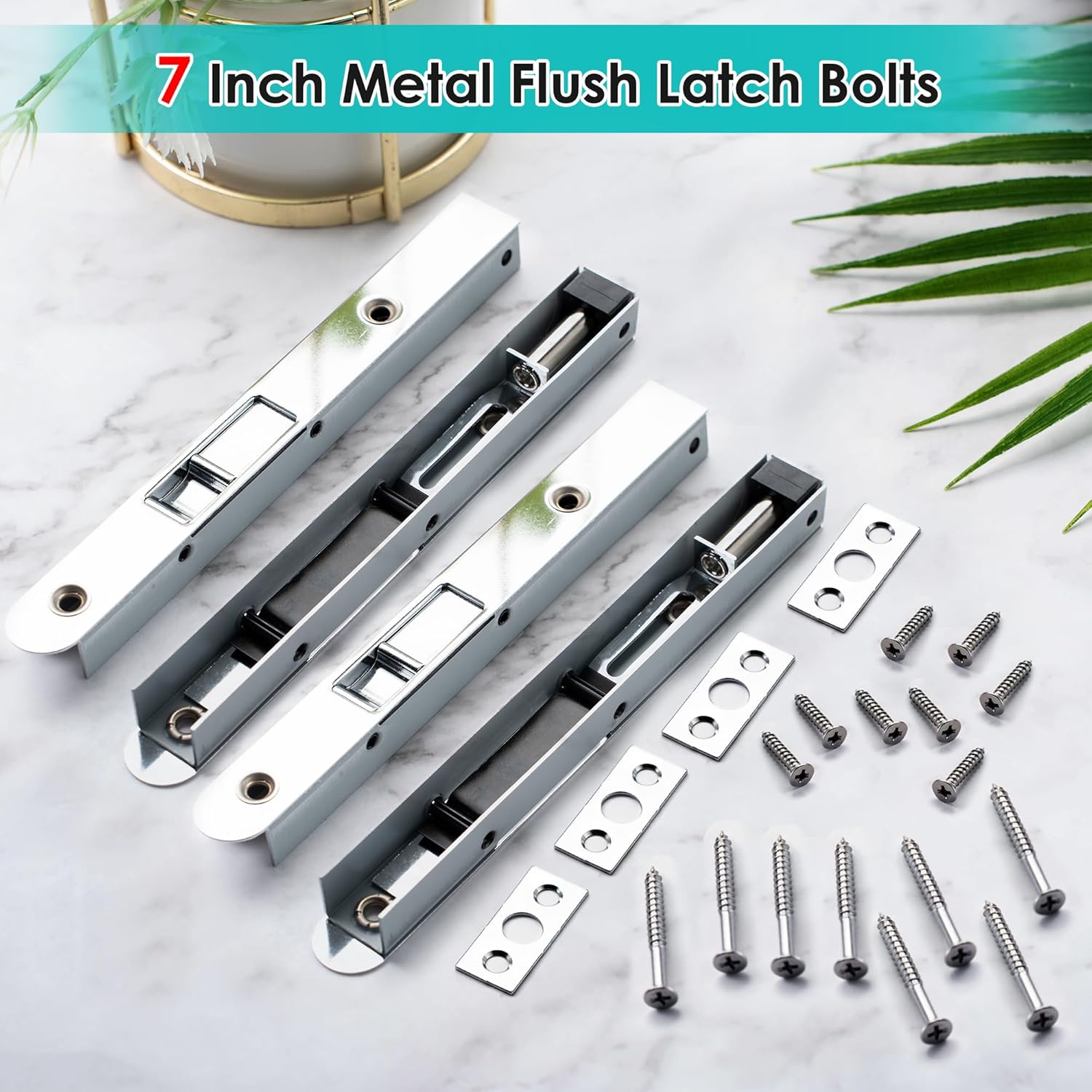 4 Pack 7 Inch Flush Bolt for Double Door, Heavy Duty Chrome Plating Flush Latch Bolts, French Lock for Opening and Composite Wood Double Dummy Door (Chrome Plating Color)