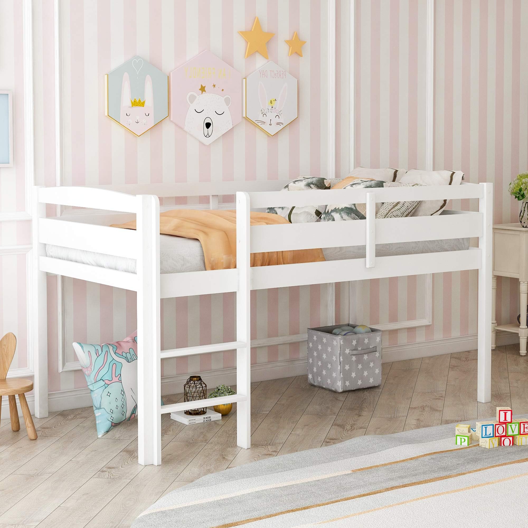 Bellemave Low Loft Bed with Ladder, Wood Loft Bed Twin Size for Adults, Kids and Young Teens, No Box Spring Required,Wood Slat Support (White, Front Ladder)