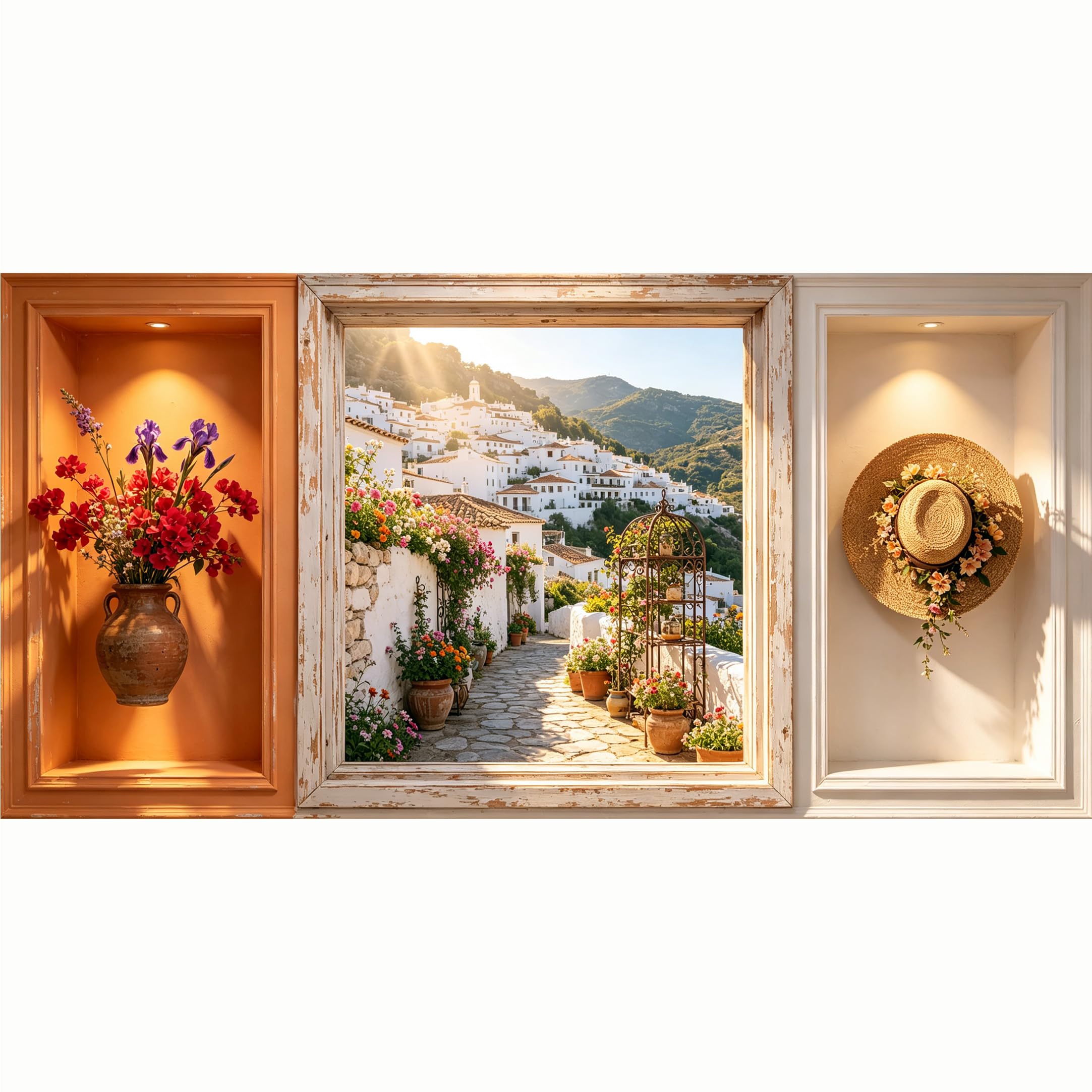 QZLITHOTIC 50x100cm 3D Framed Wall Art， Mediterranean White Village Landscape， WaterActivated Peel & Stick Fabric Decor Wall Decal for Bedroom Living Room Floral Garden View