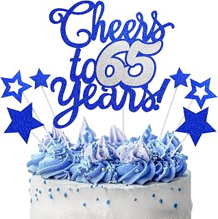 Cheers to 65 Years Cake Topper - Blue Silver 65th Birthday/Anniversary Cake Topper for Men Women - Happy 65th Birthday Cake Topper - Cake Decorations for sixty-five Birthday or Anniversary Party