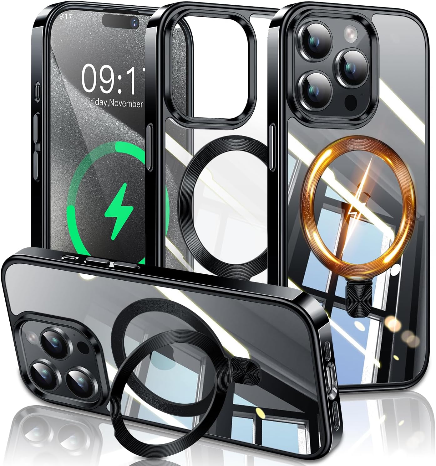 ESTPEAK Titanium Black CD Mag-Stand Case for iPhone 15 Pro Max Case with Invisible Magnetic Ring, [FIt for MagSafe] [Never Yellowing] Top Clear Phone Case Cover for iPhone 15 ProMax 6.7" iPhone 15 Pro Max Black