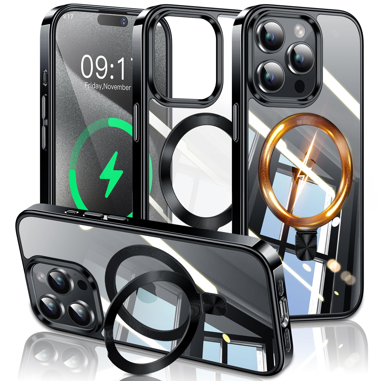 ESTPEAK Titanium Black CD Mag-Stand Case for iPhone 15 Pro Case with Invisible Magnetic Ring, [Fit for MagSafe] [Never Yellowing] Top Clear Phone Case