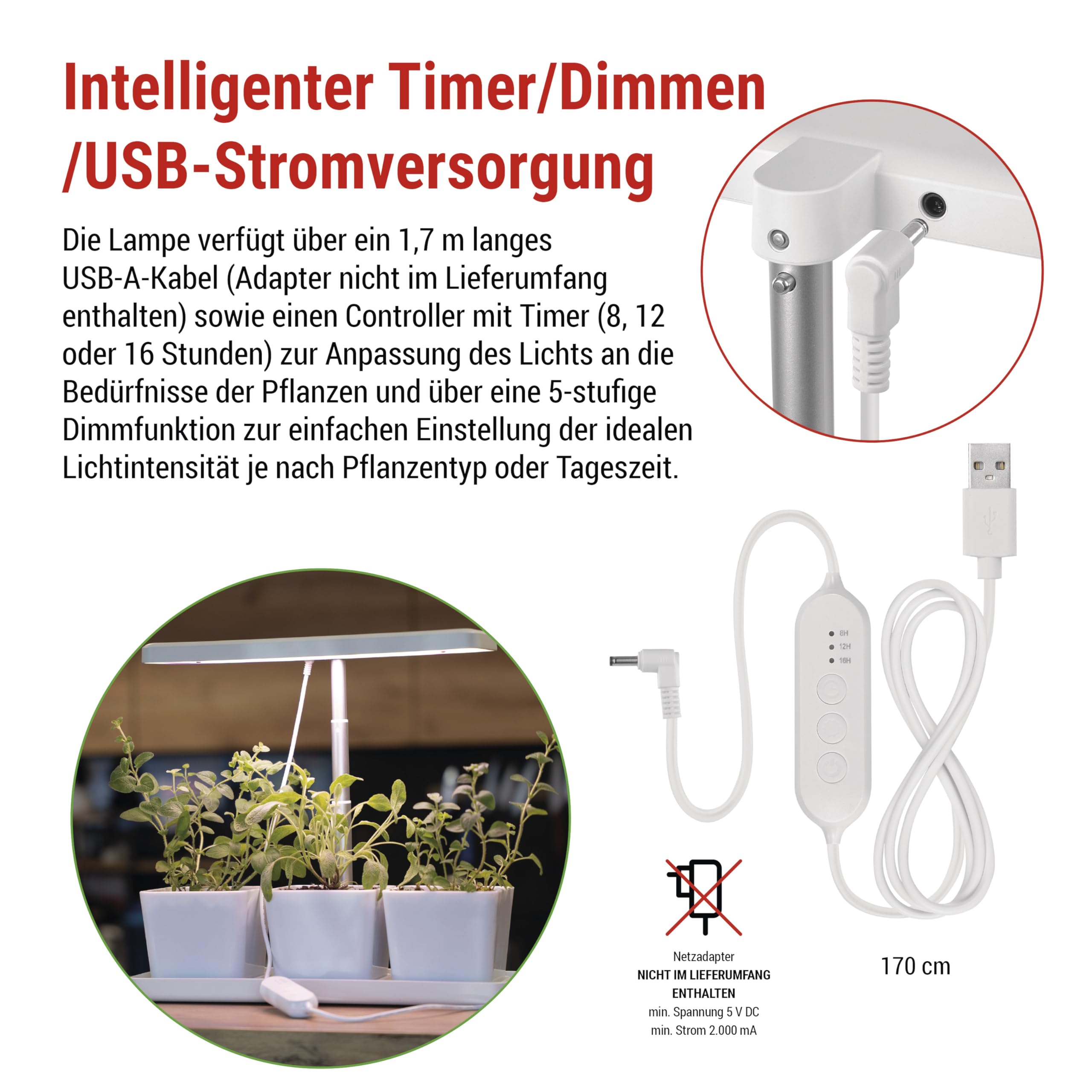 EMOS - Lampada a LED per coltivazione di erbe e piante da interno - Lampada per la crescita con 3 vasi da fiori e timer, regolabile in altezza - Luminosità 300lm - Cavo di ricarica USB-A da 1,7 m