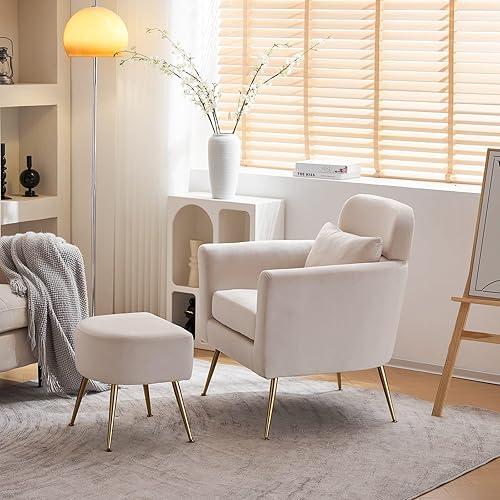 Miniatura 4 de VERYKE Comfy Accent - Juego de silla y otomana con patas de metal y almohada, sillón tapizado de franela con sofá otomano suave para sala de estar,