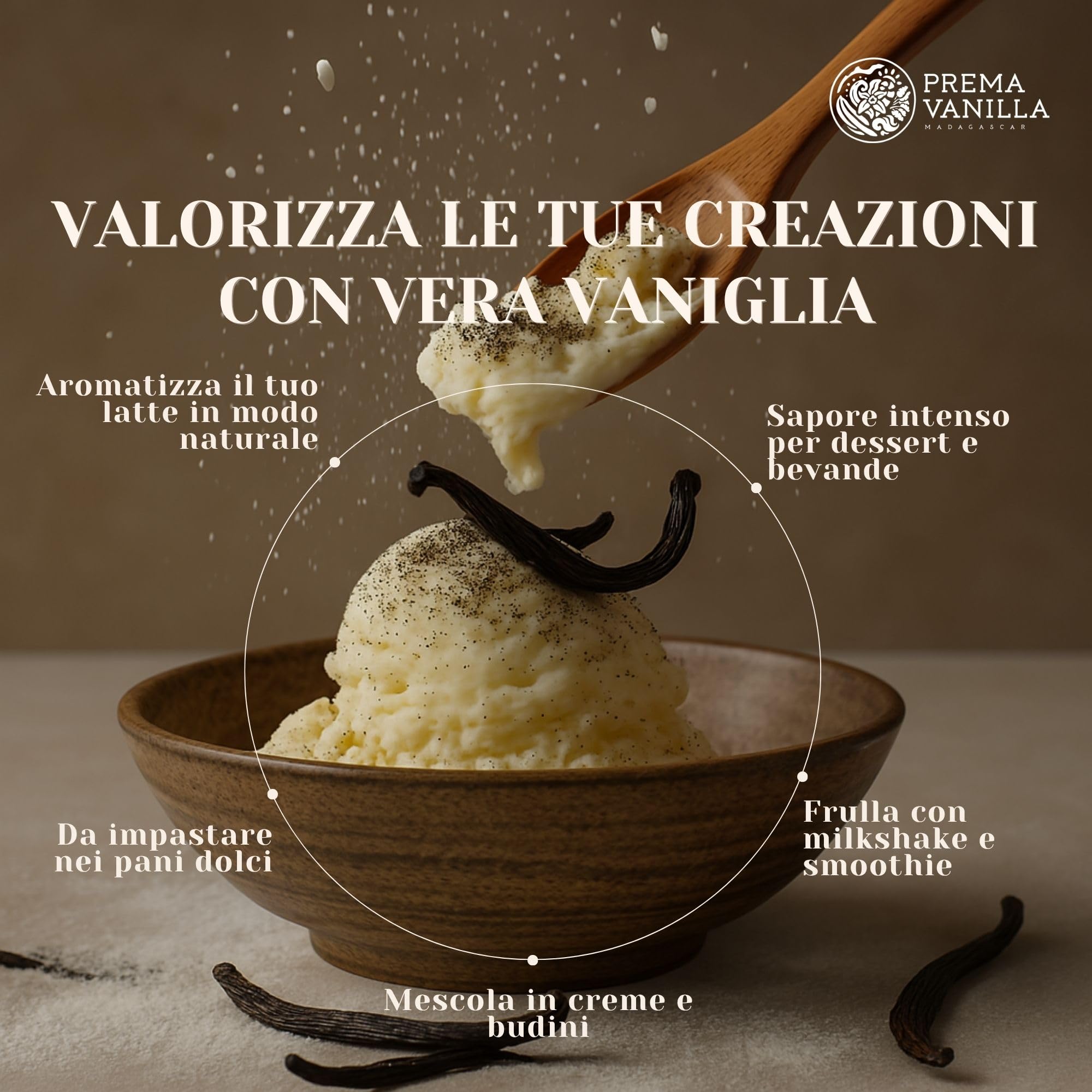 PREMA VANILLA Baccelli di Vaniglia del Madagascar, Vaniglia Bourbon di Grado A per la Preparazione di Estratto, Ideale per Cucina e Pasticceria, Confezione da 5 Baccelli