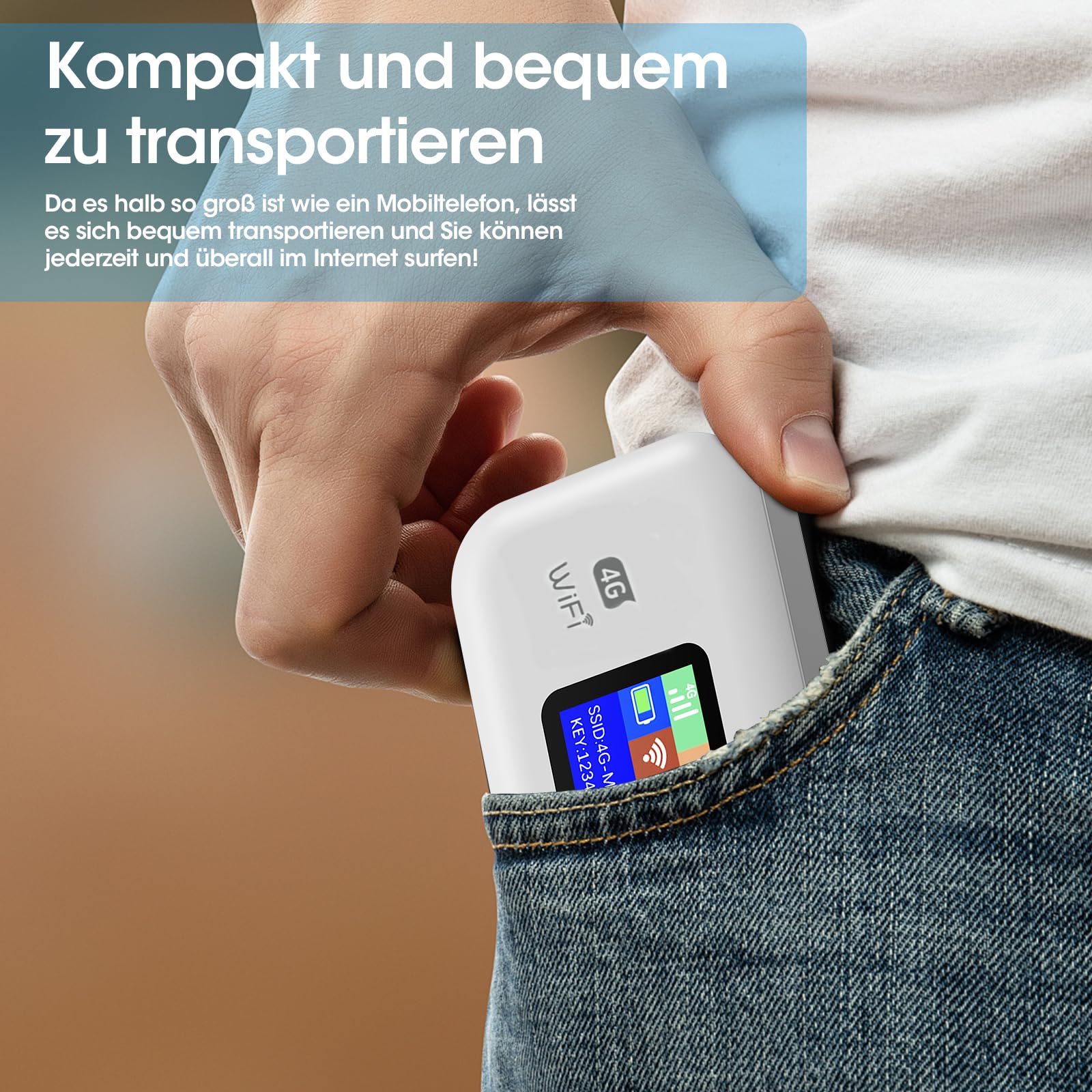 4G Mobiler WLAN Router, Tragbares WLAN für Unterwegs Ohne Vertrag, LTE Router 150 Mbps, 3000mAh Lange Akkulaufzeit, LCD Display, Mobiler Hotspot für Reisen, Camping, Hotels-Eisweiß