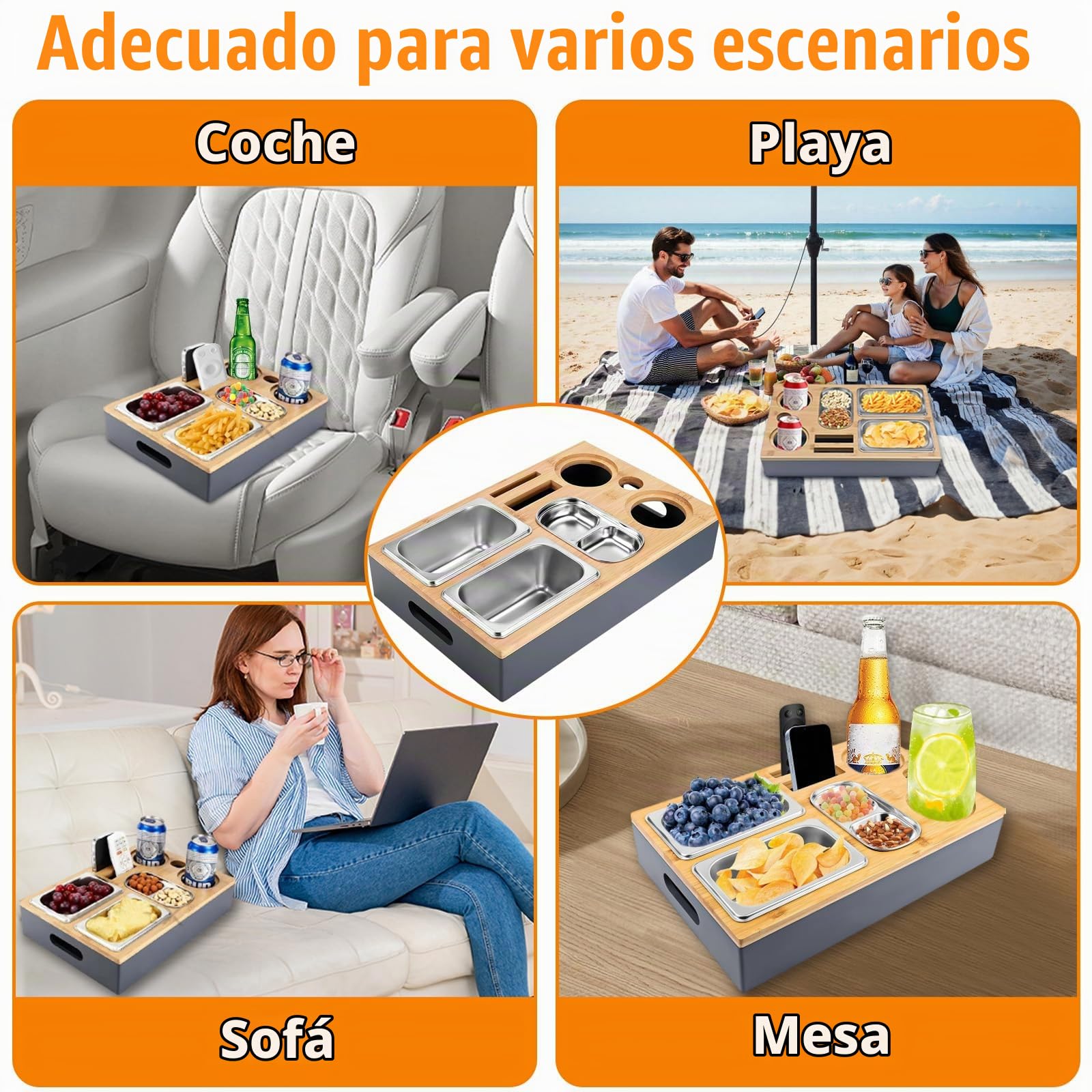 Bandeja Sofá con Cuencos Aperitivos Acero Inoxidable & Tapa Extraíble, Tazones Refrigerios Bambú con 2 Soporte Botellas, Caja Refrigerios para Sala Estar,Picnic,Fiesta,Salón,Dormitorio,Jardín,Camping