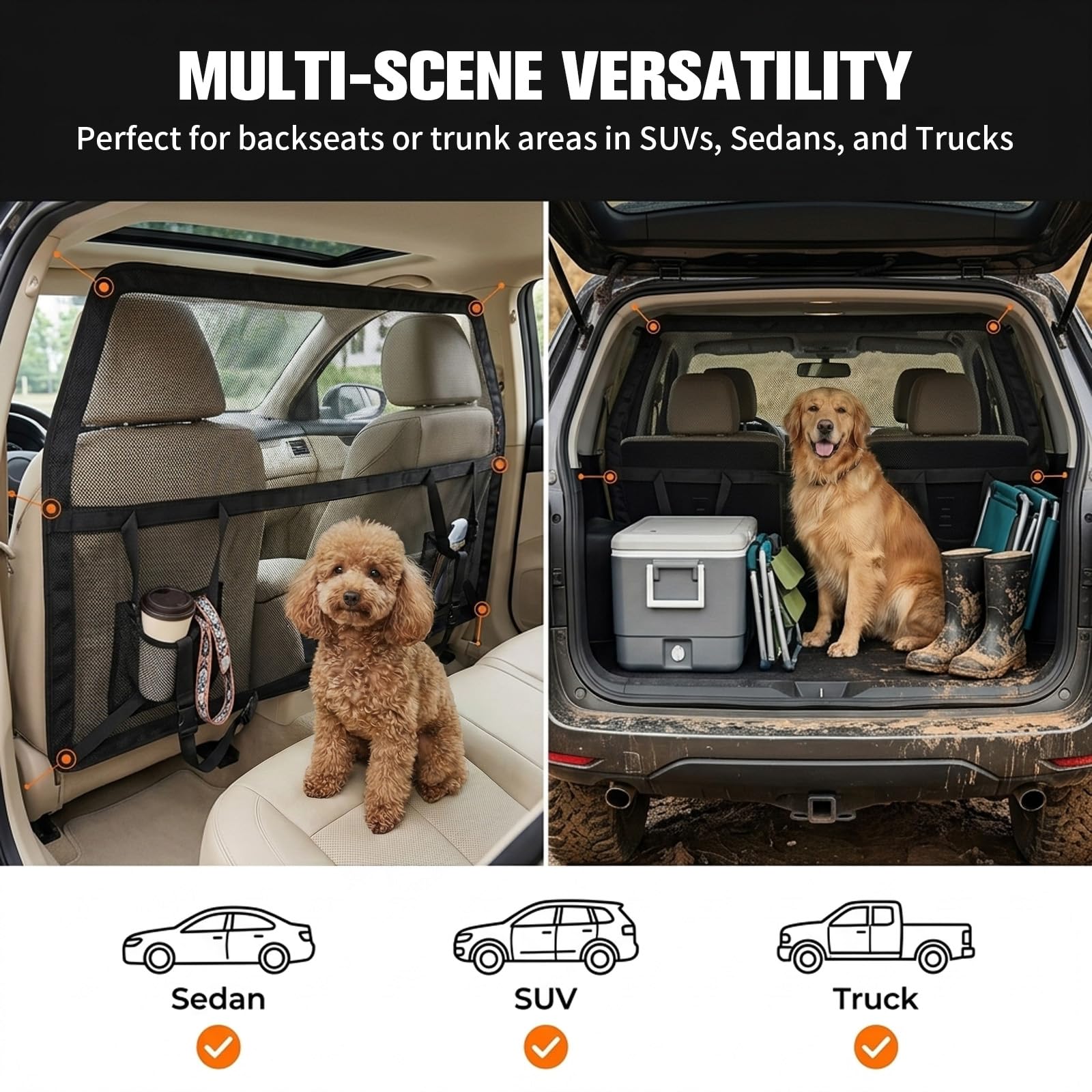 Rejilla para perros para asiento trasero y maletero, 107 x 127 cm, rejilla separadora para coche con red transparente reforzada y marco de metal estable, barrera de separación para perros, ajuste