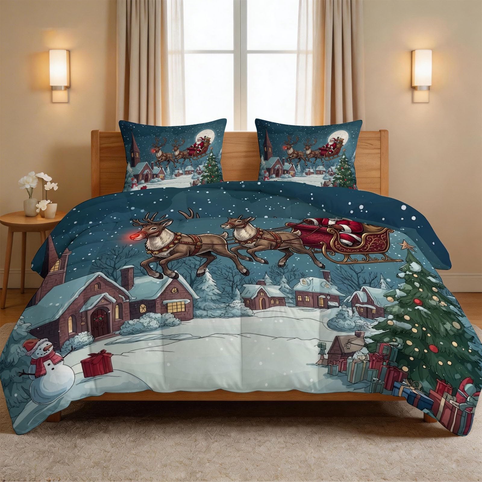 Kołdra 200 x 220 cm, na 4 pory roku – z kreskówki, Boże Narodzenie, pikowana, nadająca się do prania, cienka, lekka kołdra letnia, Święty Mikołaj bałwan, małe miasteczko, drewniana chatka, letnia