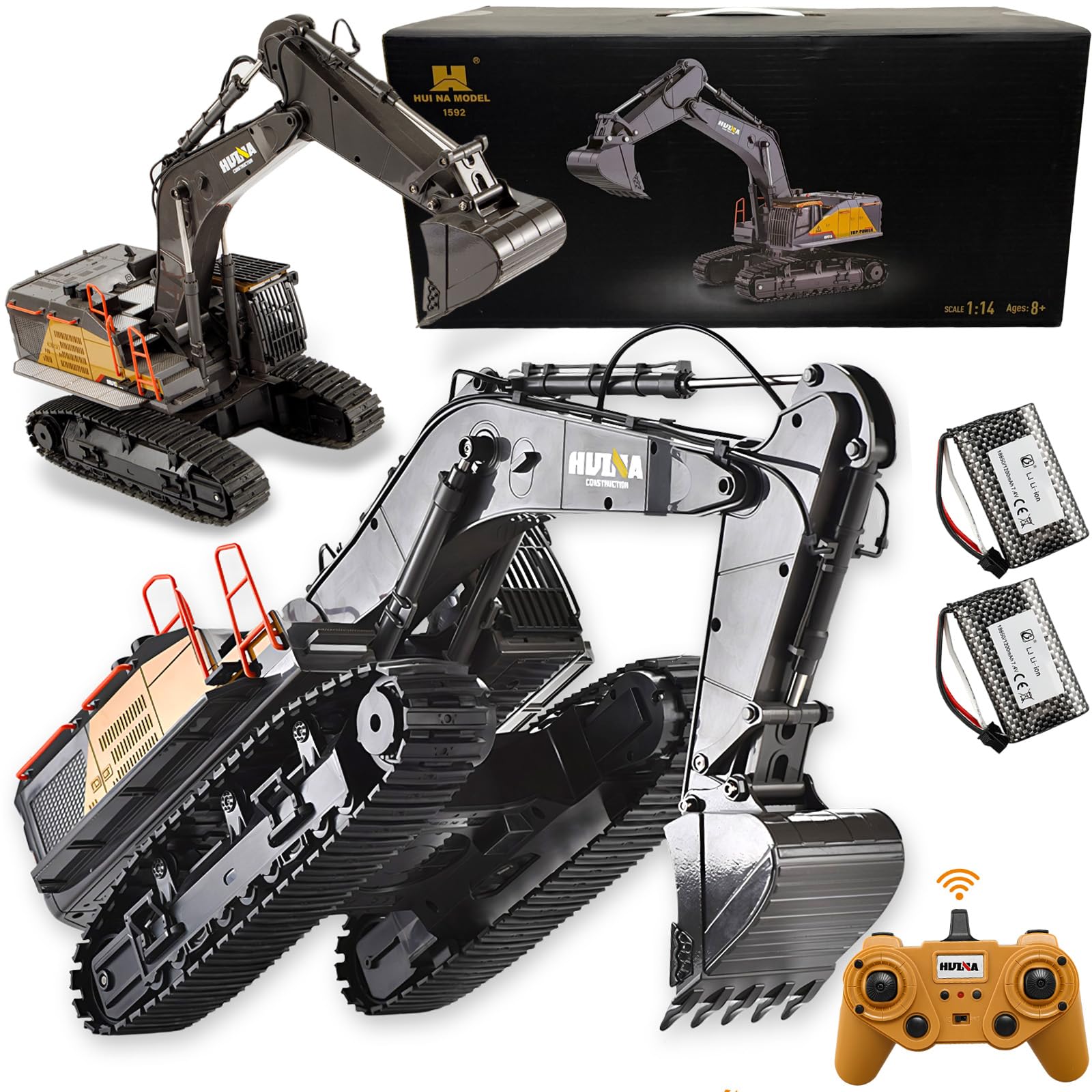 Ssccgym 20.4 Inch 22 Channels Remote Control Excavator Truck 2-Batteries 1/14 Scale Metal Shovel Independent Arms RC Digging Machine Metal Alloy Construction Vehicles Toy for Boys Kids 8y+ 12y+