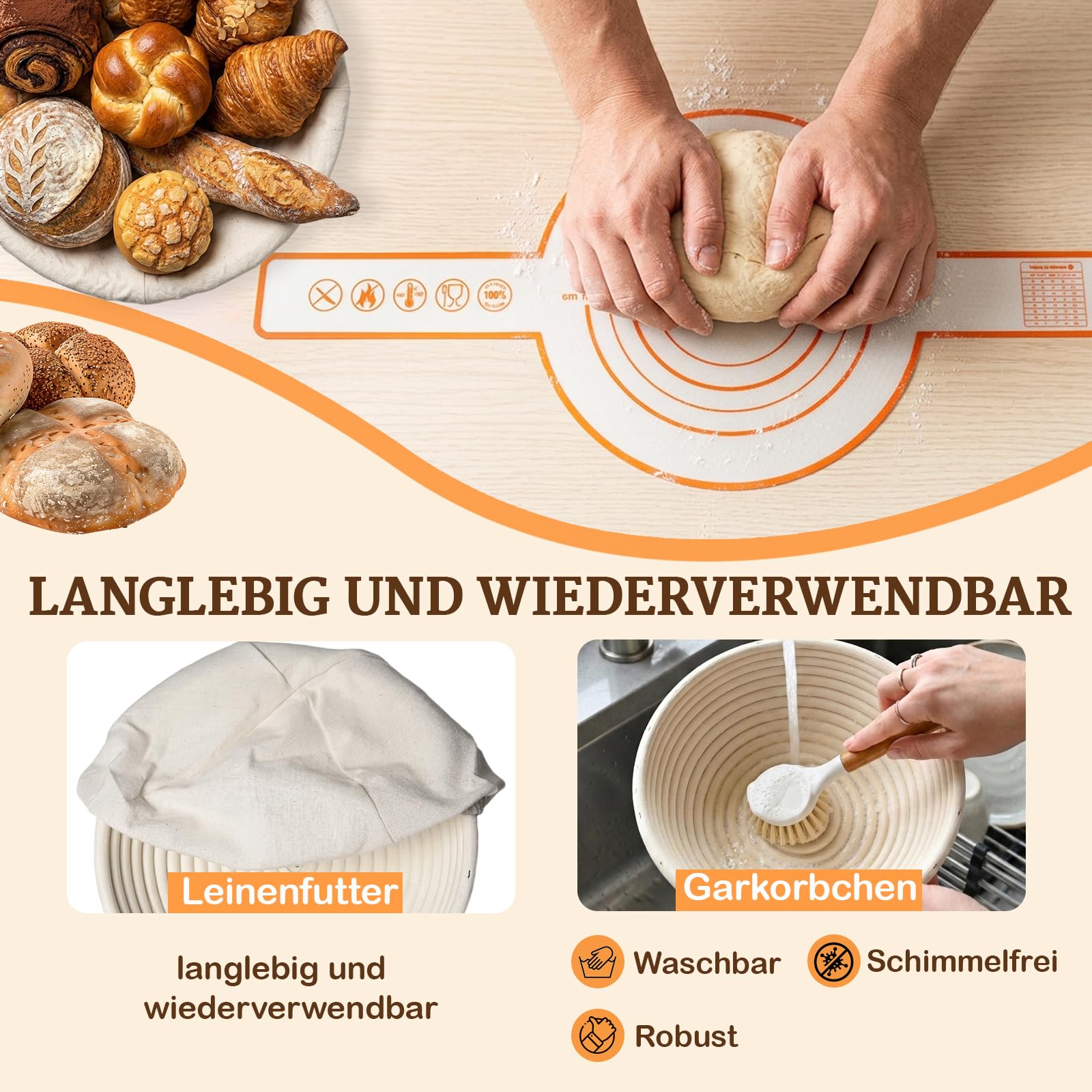 Banneton Pour Pain, Kit Boulangerie Levain, Corbeille a Pain en Rotin Naturel, Kit boulangerie avec Lame Boulanger, Panier Fermentation Pain set Adapté aux DéButants et Professionnels