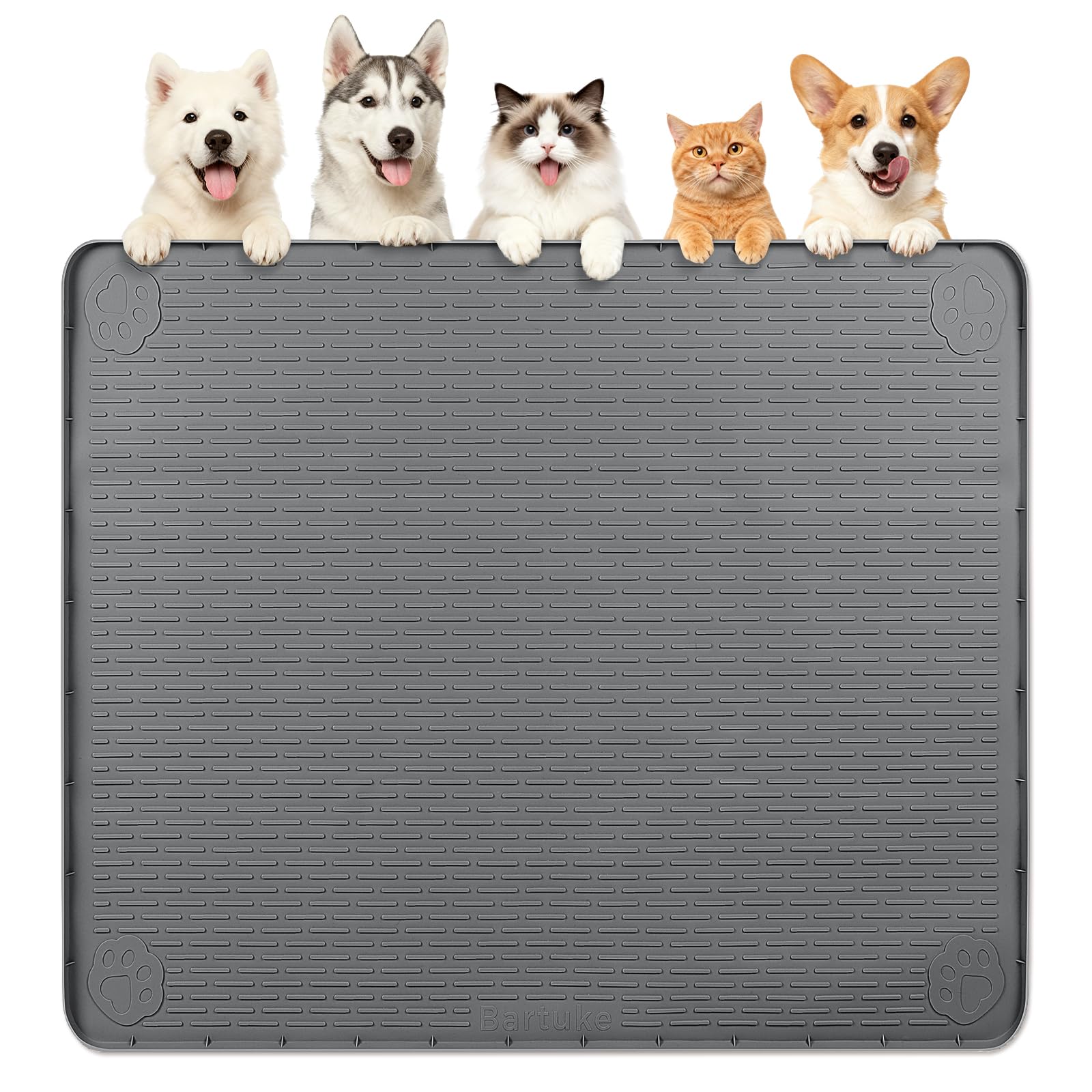 Bartuke Dog Food Mat, Extra Large 40" x 40" Silicone Pet Feeding Mat with Raised Edge Pet Placemat for Small, Medium, and Large Pets Non-Slip, Easy to Clean (Dark Grey)