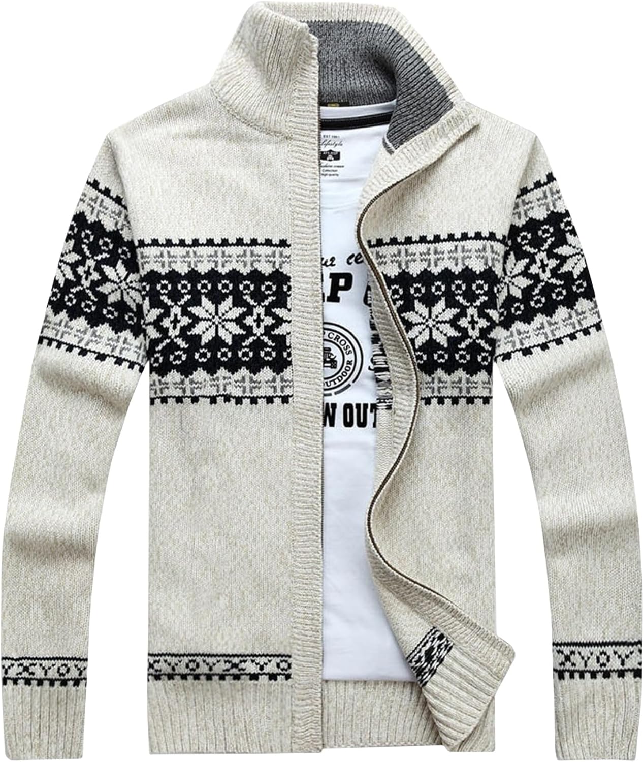 Fleece Lined Jacket Men Casual Sweater Coat Jacquard Sweaters Full Zip Up Cardigan Oversized Trendy Shirt Outerwears