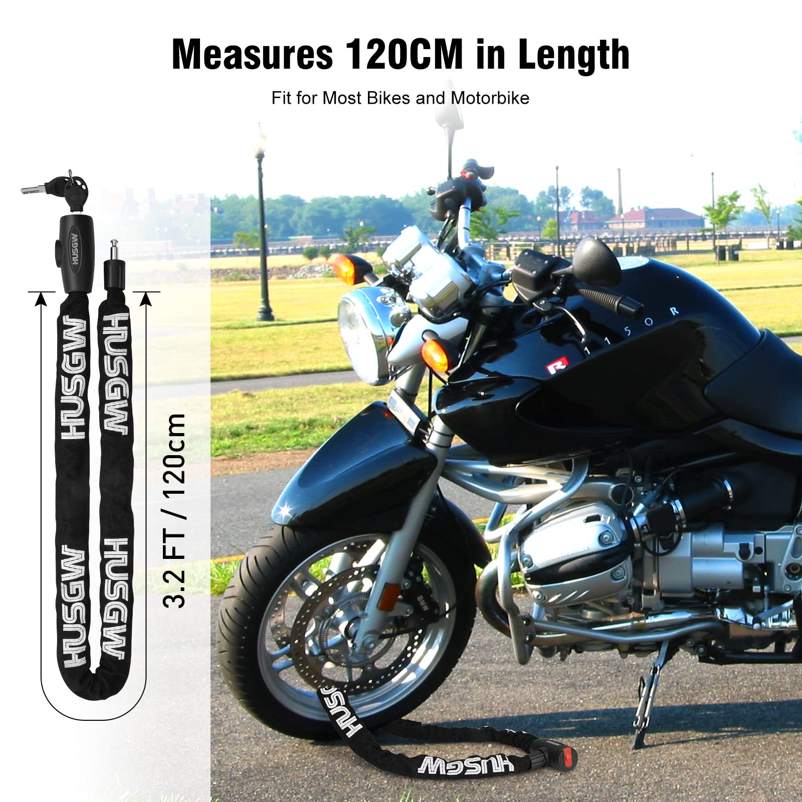 Lucchetto Bici Catena, 120CM Catena Bicicletta, Bicicletta Antifurto Catena di Blocco Catena per Bici,Alta Qualità Antifurto Moto, Catena Moto per Varie Biciclette, Motocicli (Nero) (black)