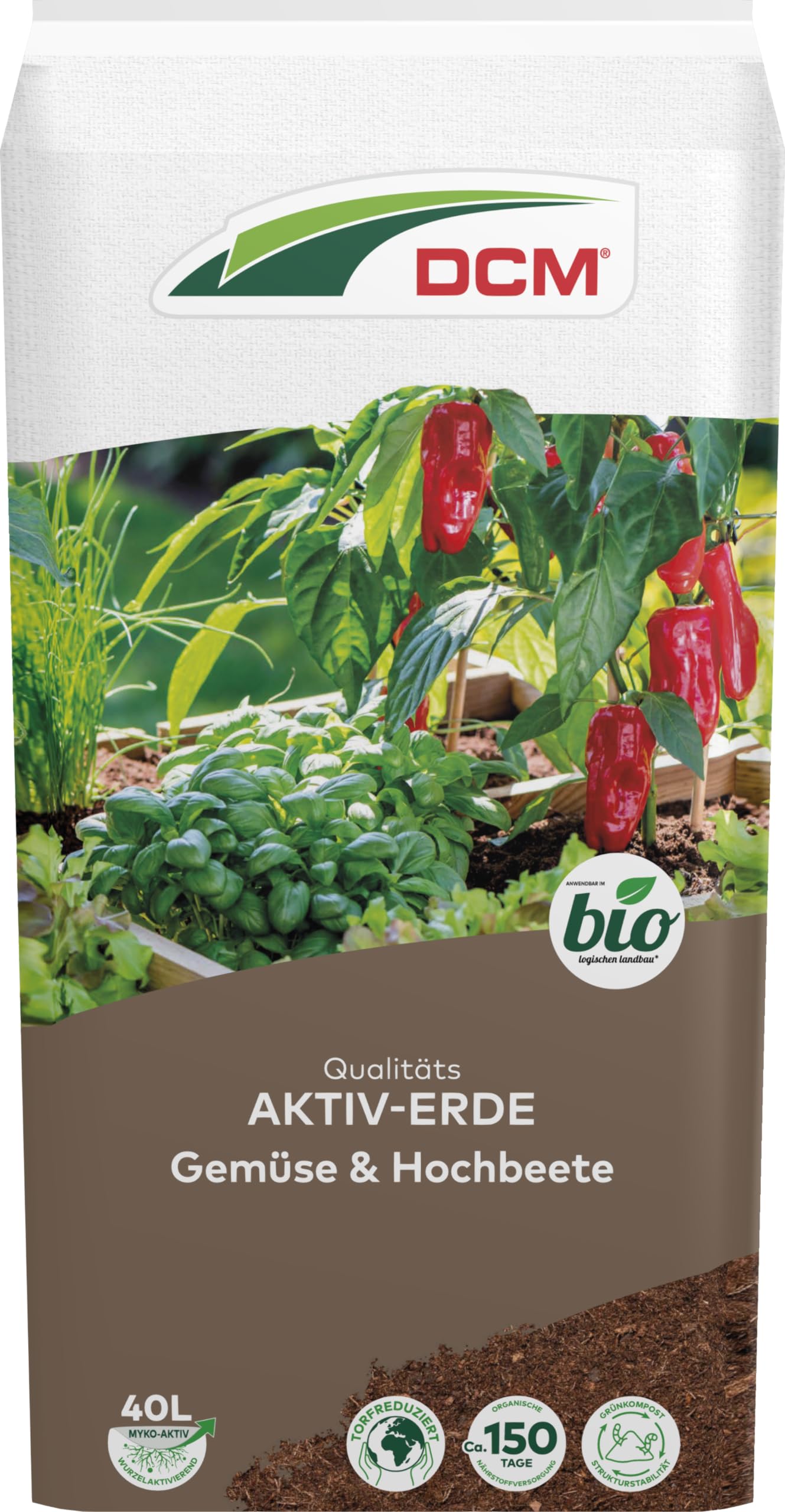 DCM AKTIV Erde Gemüse & Hochbeete – Spezialerde – Erde für Gemüse – Mit organischem Dünger – Mit Mykorrhiza-Pilzen – Torfreduzierte Pflanzenerde – Bio – 40 L