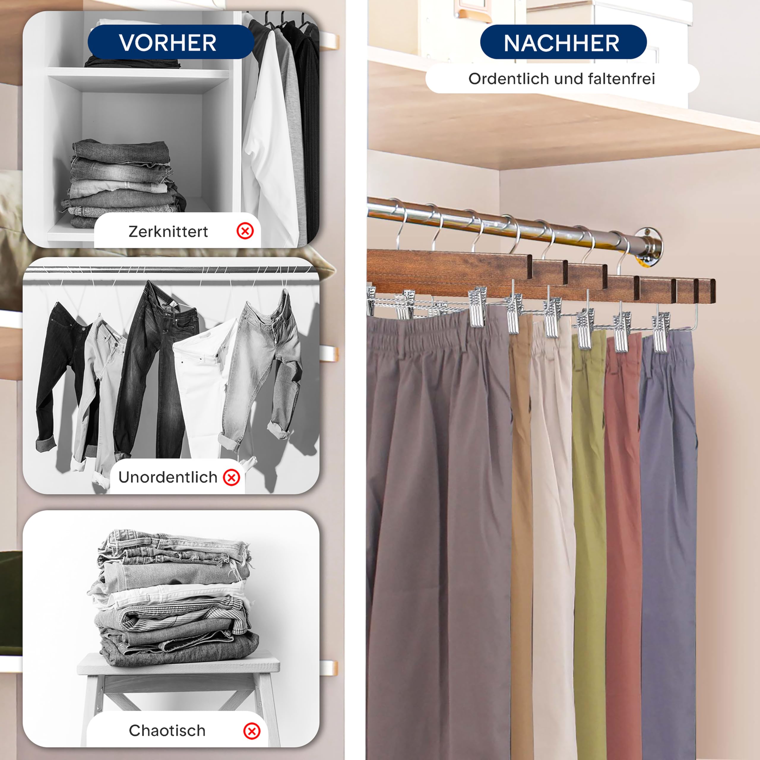 SereneLife Rockbügel, Kleiderbügel Holz, 20 Stück Kleiderbügel mit Klammern, Hosenbügel mit 360 ° Schwenkhaken & Verstellbare Clips 35.5cm, Kleiderbügel Platzsparend, Hangers Clothes, Retro Braun