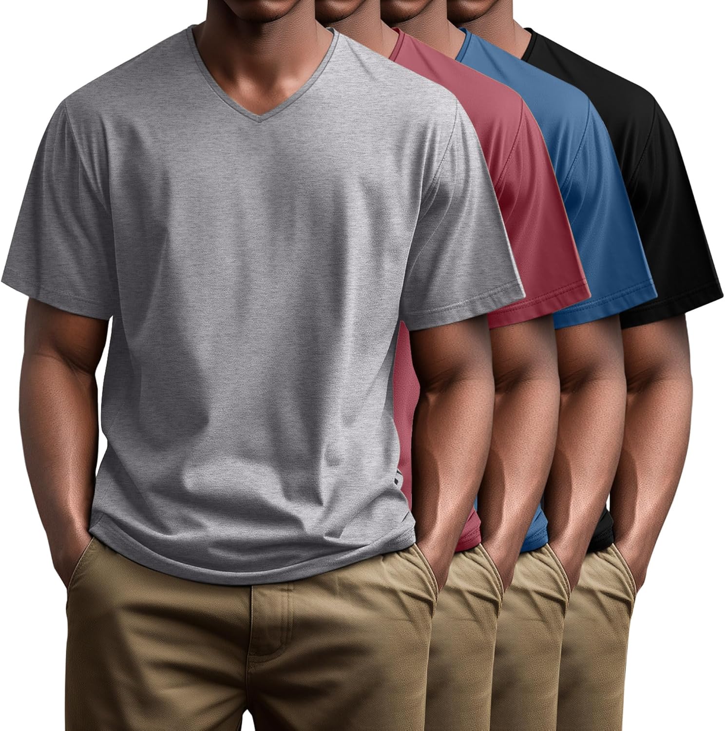 Huukeay 4 Pack Men's V Neck Cotton T Shirts M-7XL Regular Big and Tall Short Sleeve Tee 2026 Summer Clothing