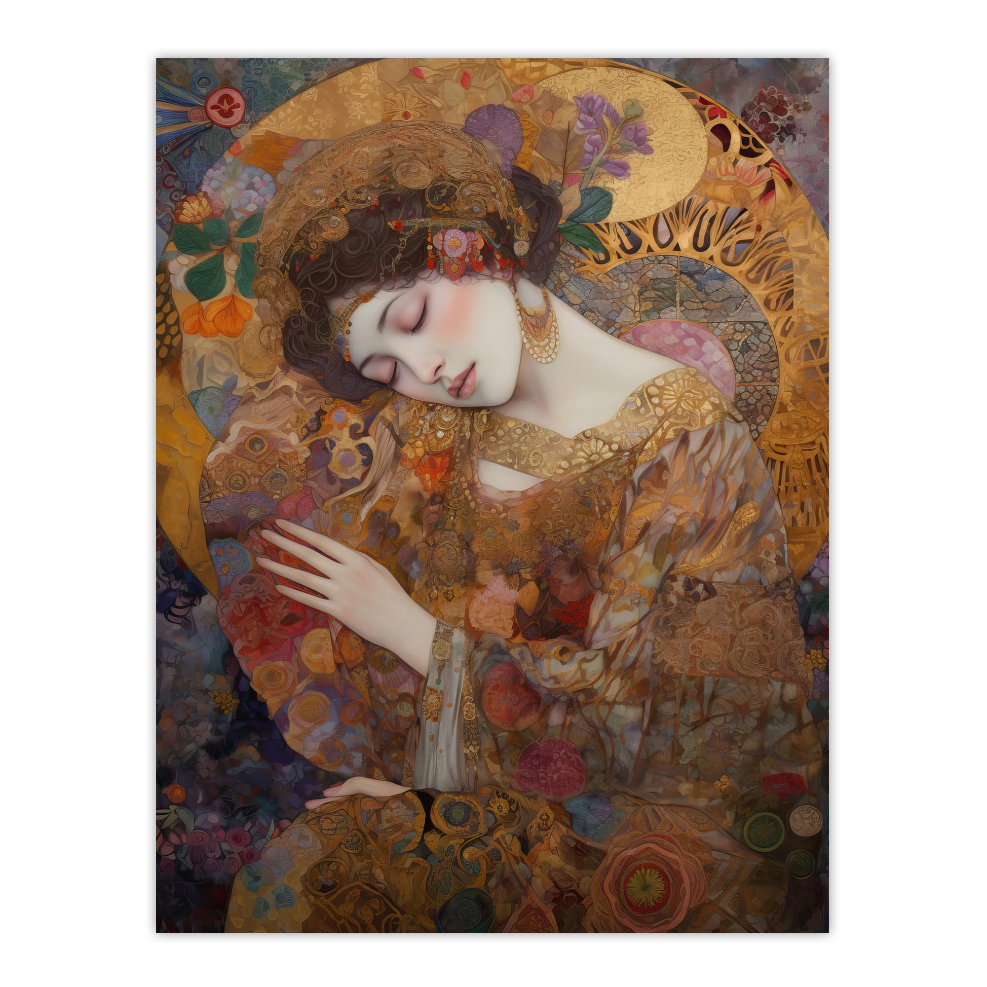 Artery8 Asleep Gustav Klimt-Inspired Portrait Of A Woman Bedroom Extra Large XL Wall Art Poster Print, Unframed 24X32", 81L x 61W cm
