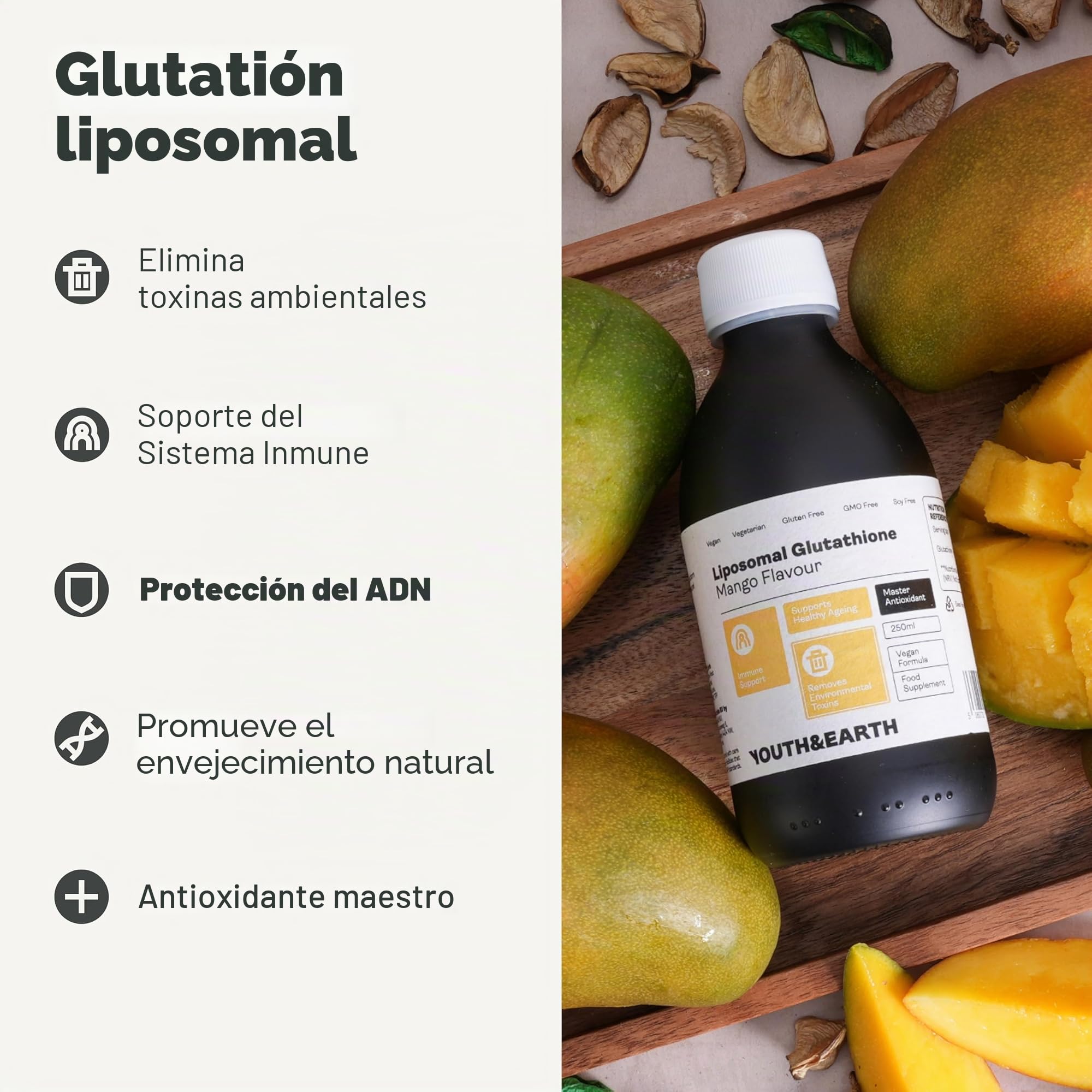 Youth & Earth Suplemento Líquido de Glutatión Liposomal, Mango, 250 ml