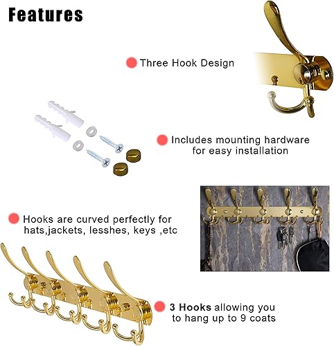 Miniatura 7 de Dseap - 5 ganchos triples, 2 piezas, Dorado, Paquete de 1