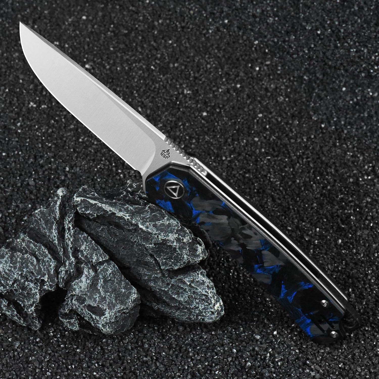 QSP Osprey Folding Pocket Knife, 3.25" Sandvik 14C28N Satin EDC Knife, Blue Shredded CF Overlay G10 Handle, Liner Lock, Ceramic Ball Bearings, Reversible Wire Deep Carry Clip
