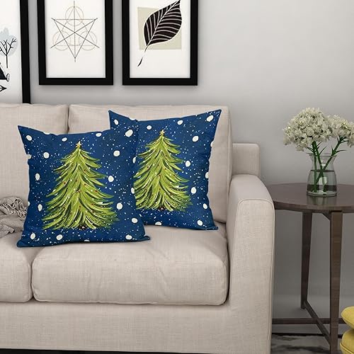 Miniatura 7 de Blue Christmas Pillow Covers 20X20 Inch Set of 2 Watercolor Green Xmas Tree Decorative Pillow Cases Winter Holiday Cotton Linen Cushion Case