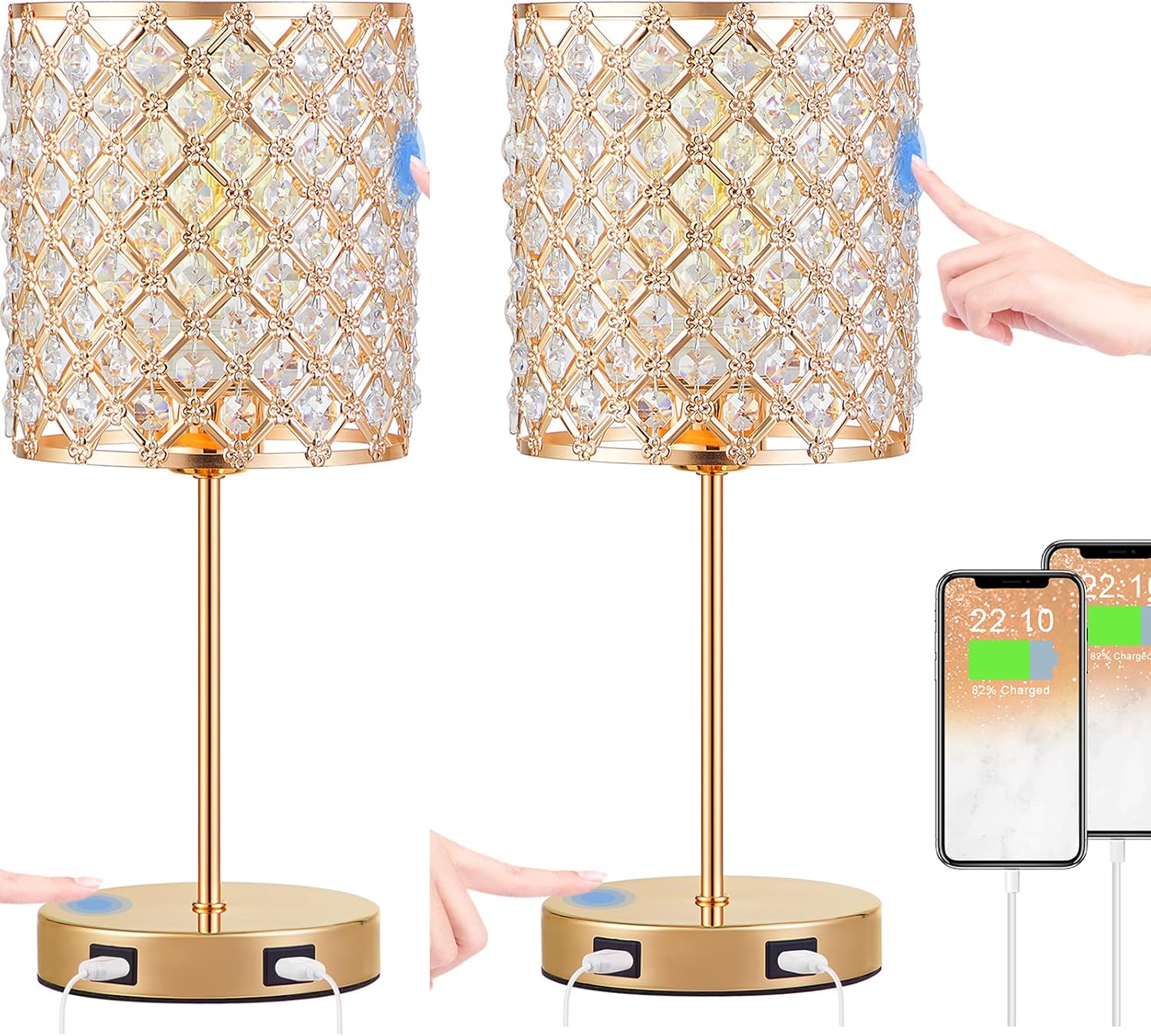 Touch USB Crystal Lamp Sets, Gold Crystal Lamp Set of 2 with Bulbs