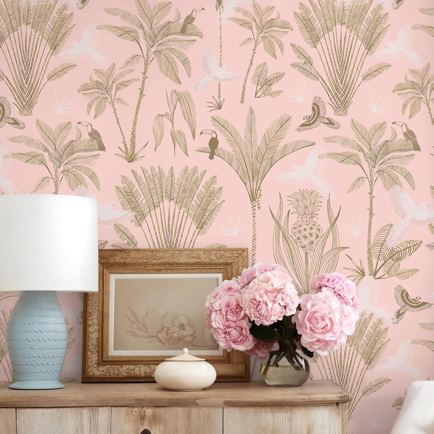 VEELIKE Pink Tropical Peel and Stick Wallpaper Boho Palm Tree and Bird Wallpaper for Bathroom Bedroom Nursery 17.7''x354'' Removable Prepasted Tropical Wall Paper Pink Contact Paper for Cabinets Walls