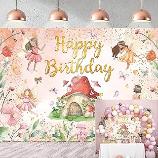 Fairy Happy Birthday Backdrop 7x5FT Flower Fairy Birthday Party Decorations My Fairy First Birthday Background for Girls Fairy Tale Theme Birthday Party Decorations Photo Props