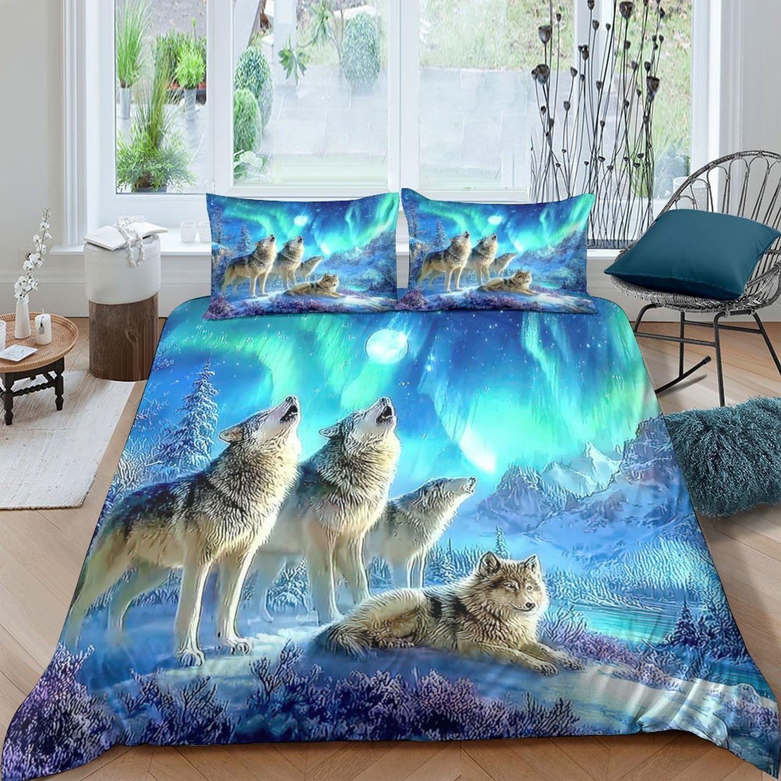 Ctjqhvkz Style-4 3D Printed Aurora Wolf Fitted Sheet Microfiber Soft Breathable Northern Lights Bed Cover For Bedroom Dorm Decor Single（135X200cm）