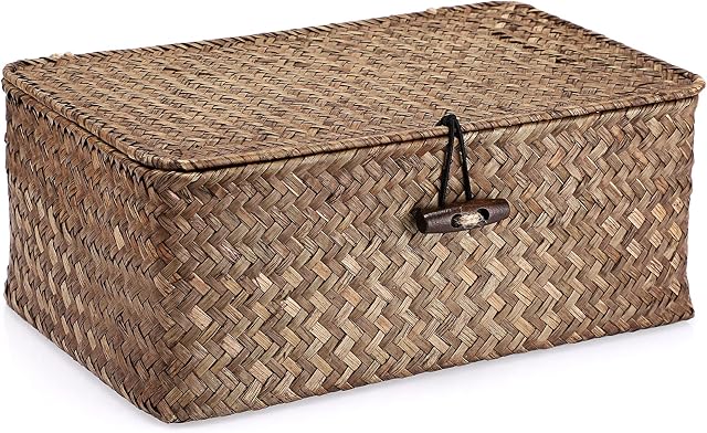IGNPION Seagrass Storage Basket with Lid Woven Seagrass Desktop Basket Rectangular Bathroom Storage Organiser Box, Shelves & Desks Decorative Basket Multipurpose storage Hamper (Coffee, S)