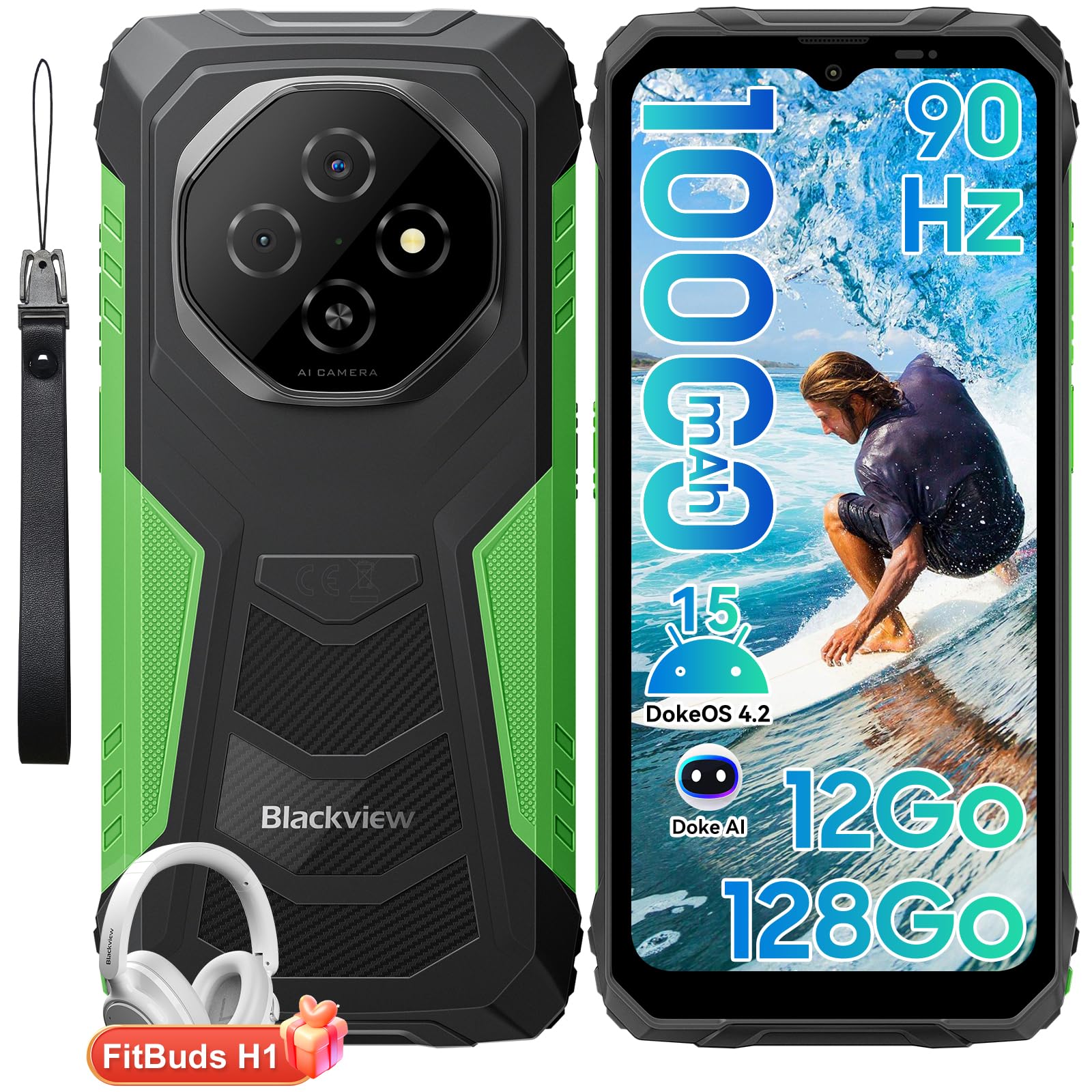 Blackview Fort 1 Rugged Smartphone, Android 15 Celluare Antiurto, Batteria 10000mAh Telefono Indistruttibile, 6.56''HD+, 90Hz, 12(4+8) GB+128GB/2TB TF, IP68/NFC/OTG/Face ID/2 Anni Garanzia