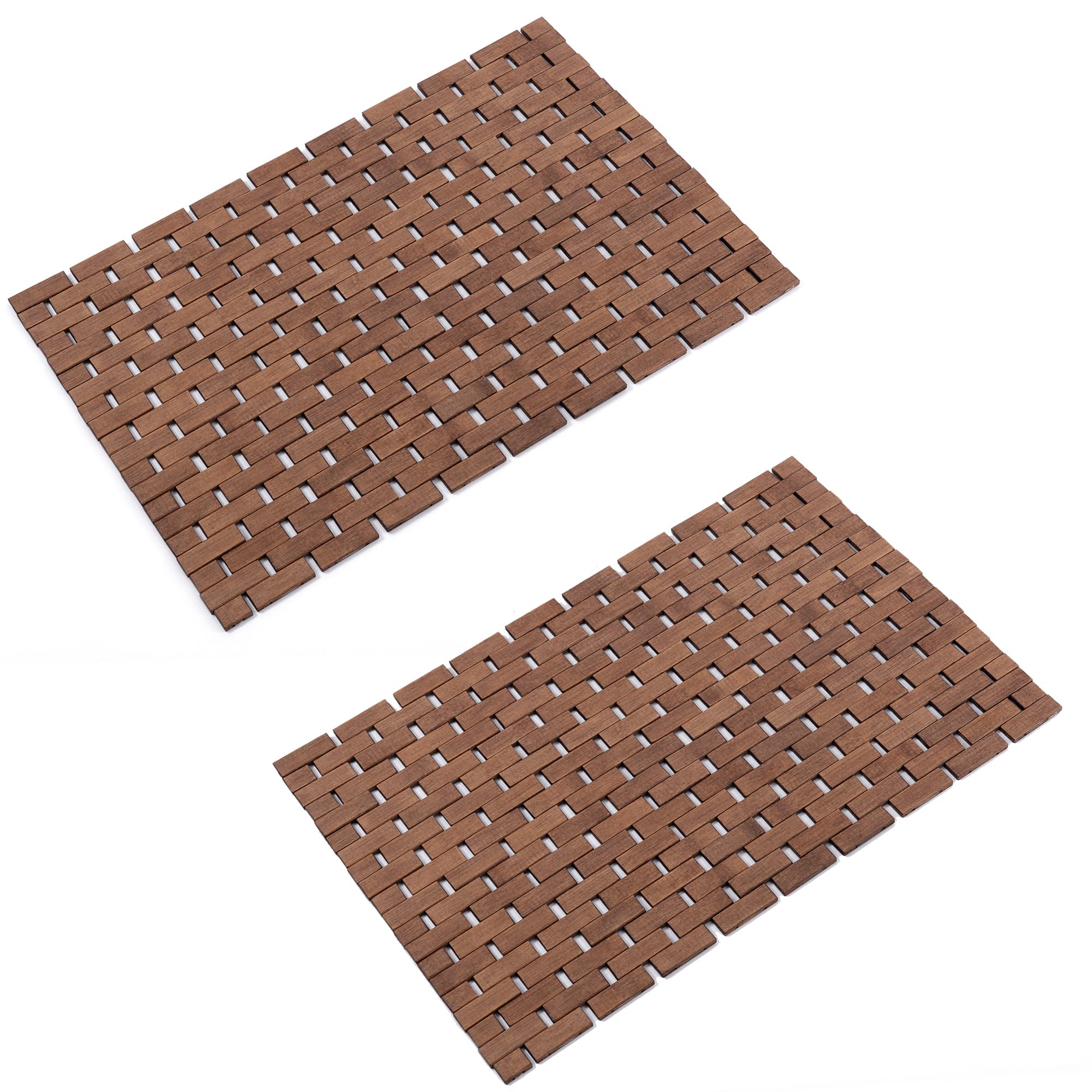 Bamboo Bath Mat Bathroom Rugs Floor Wood Shower Bathtub Waterproof Non Slip Walnut Accessories 16x24 Inch Easy to Clean, 2 pcs