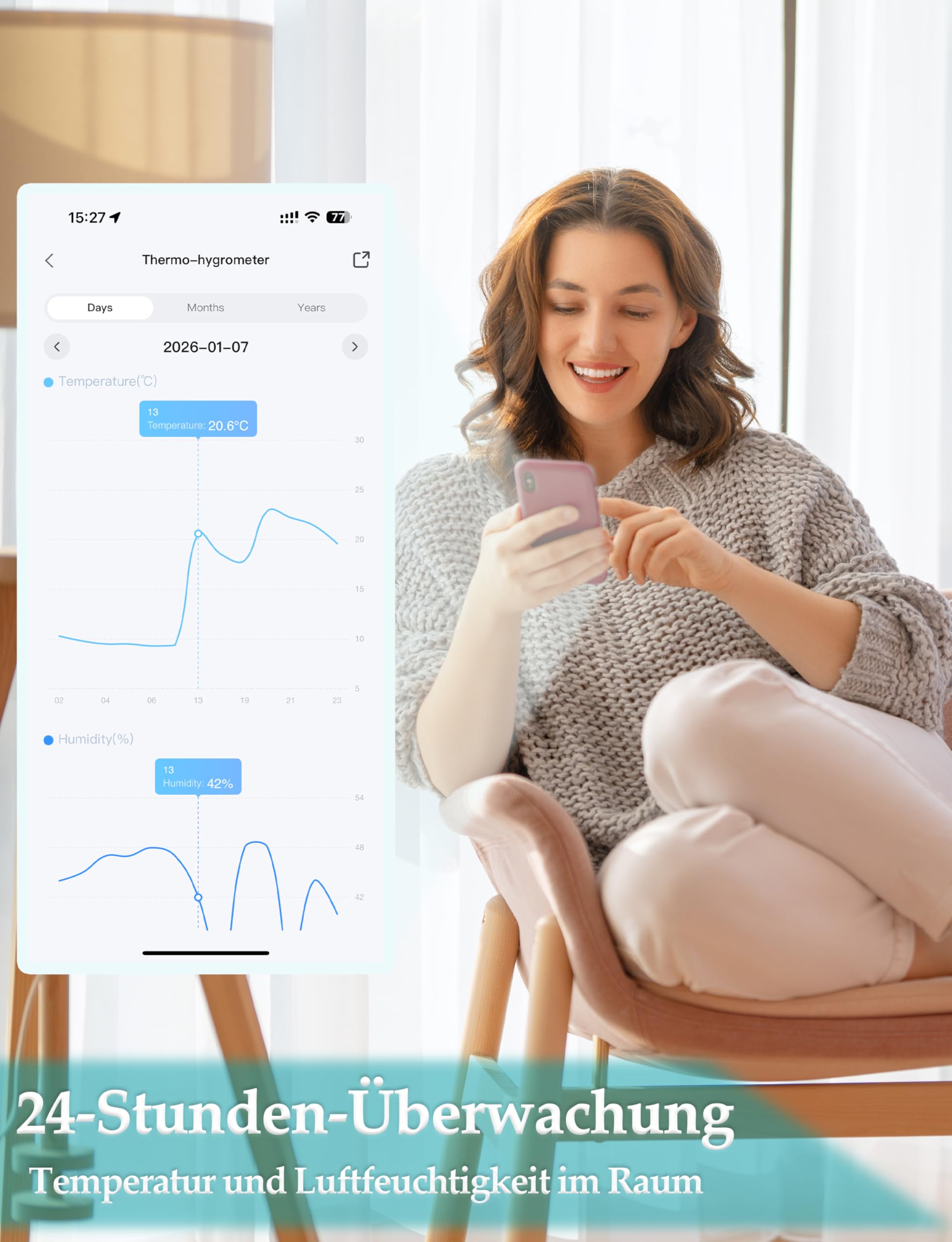 WIOONI WLAN Thermometer Hygrometer Innen, WIFI Temperatursensor mit App, Benachrichtigungen, Tuya/Smart Life Kompatibel für Babyzimmer Office Wohnzimmer Gewächshaus Lager Keller Weinkeller, 2 - 3