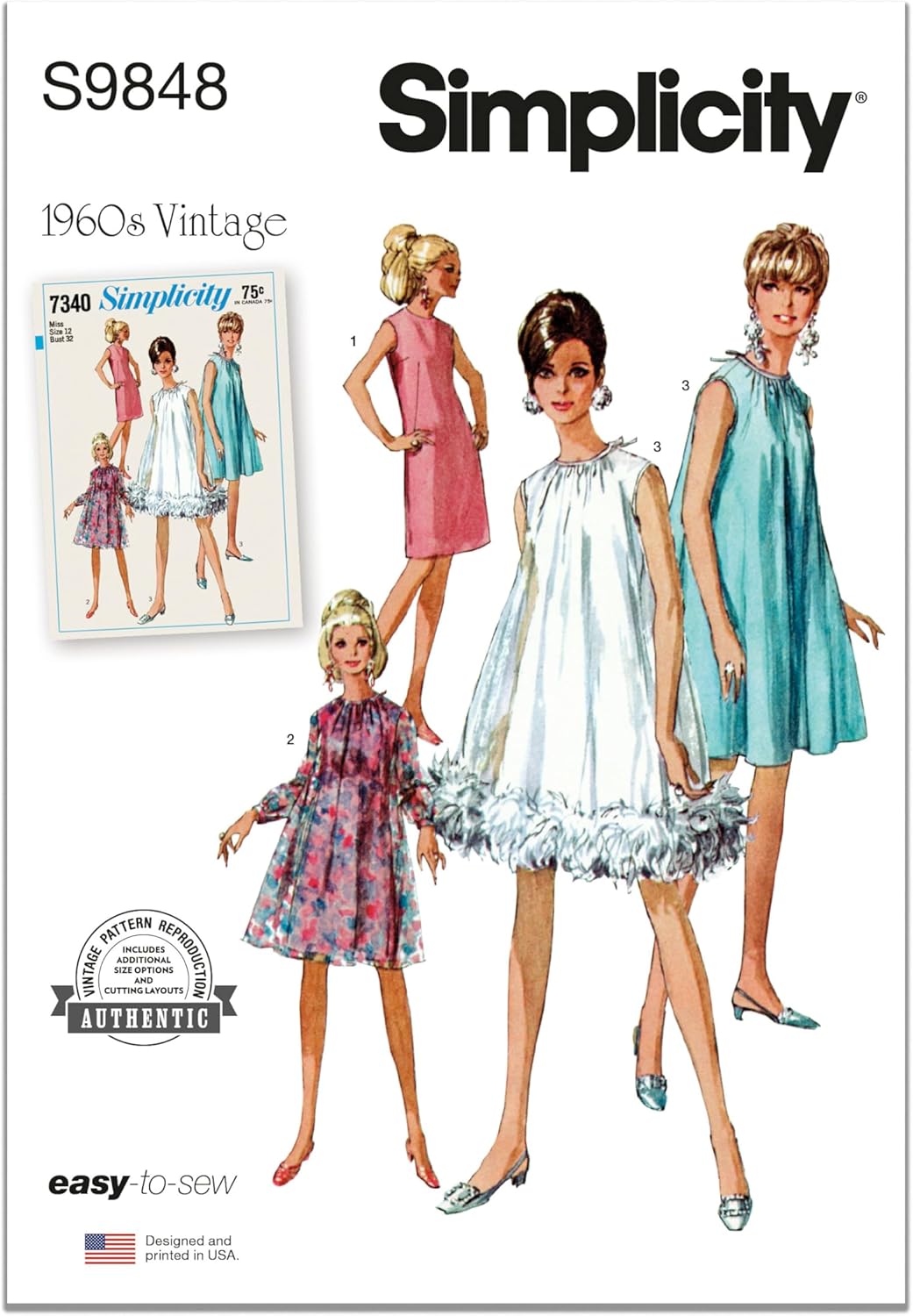 Simplicity SS9848Y5 Misses' Vintage 1960's Sheath Dresses Sewing Pattern Packet, Design Code S9848, Sizes 18-20-22-24-26