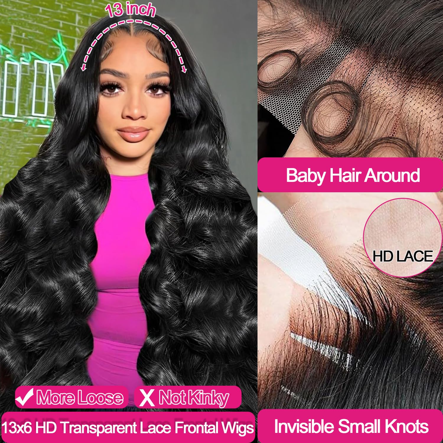 13x6 Lace Front Wigs Human Hair Pre Plucked Body Wave HD Transparent Lace Frontal Human Hair Wig 180 Density 10A Glueless Wigs with Baby Hair for Women Natural Black 28 Inch