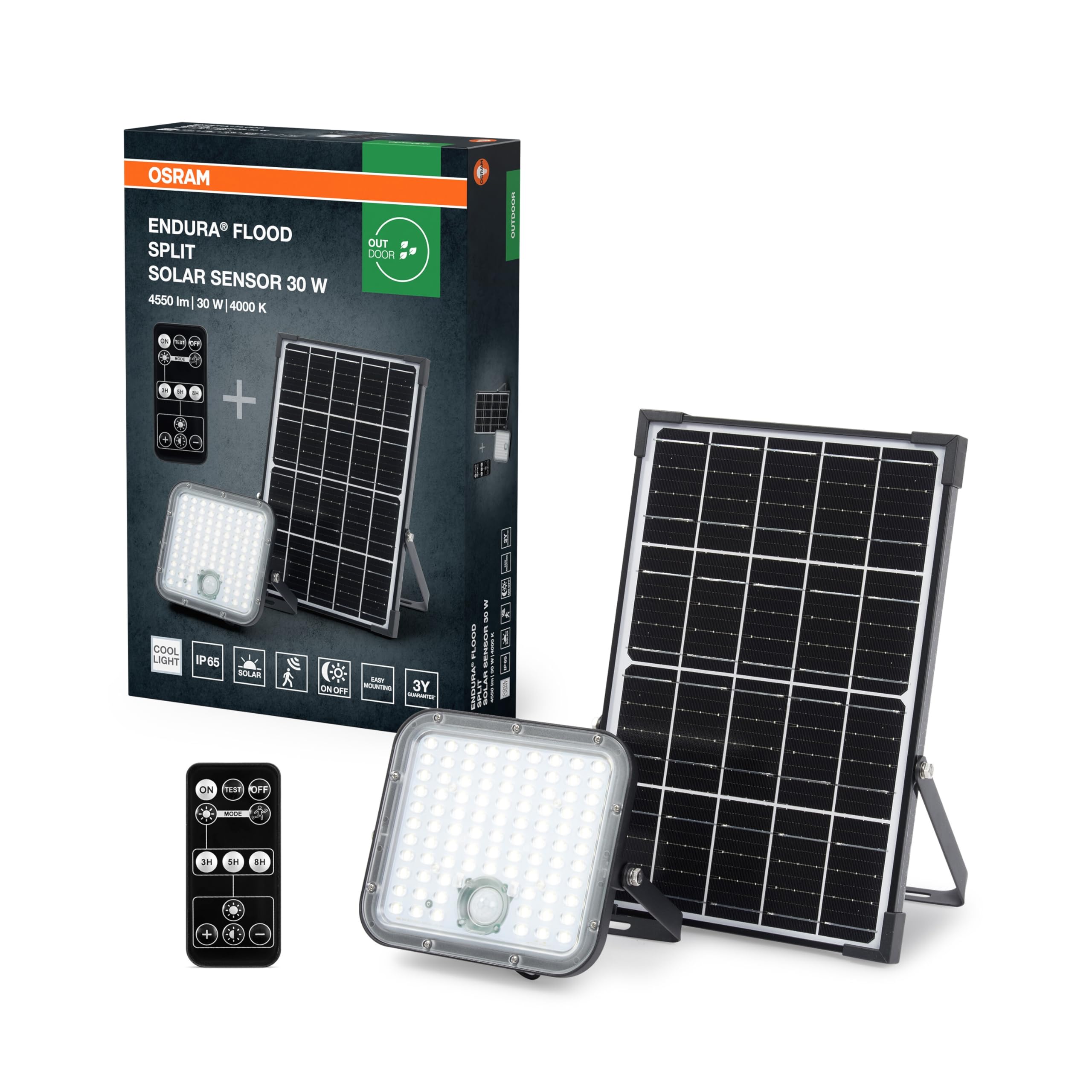 Osram Endura - Lampada solare da esterno a LED, per esterni, con luce di inondazione e pannello solare, cavo da 5 m, con telecomando e rilevatore di movimento PIR, 30 W, 4500 lm, 840, 4000 K, colore