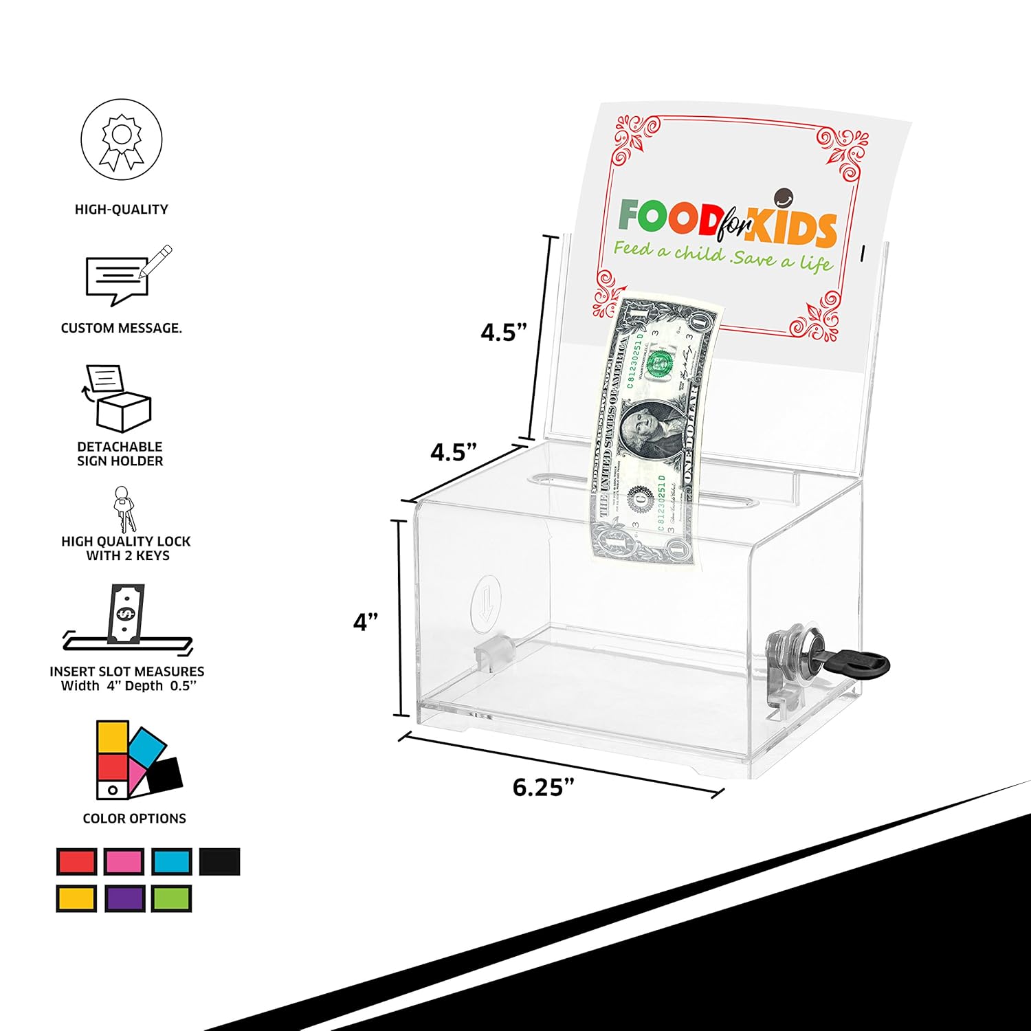 AdirOffice-637 Acrylic Donation & Ballot Box with Lock (6.25" x 4.5" x 4") - Black : Office Products