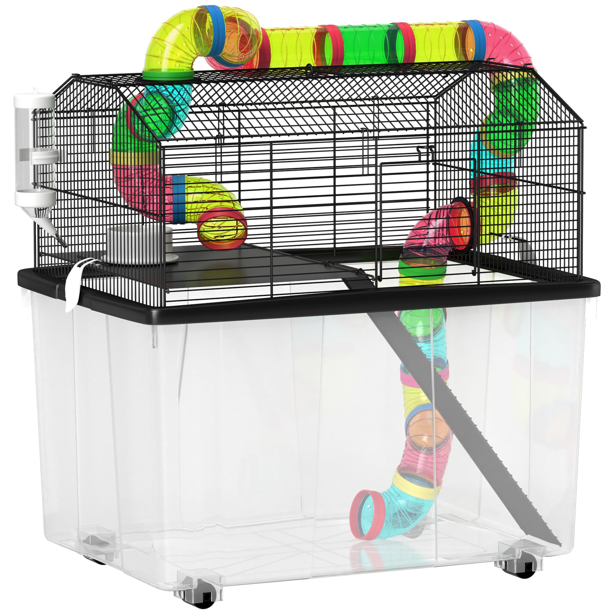 PawHut Jaula para hámster, jaula de jerbo de 2 niveles, 58 x 43 x 57 cm, multicolor | Bandeja de 31 cm de profundidad, sistema de tubos, botella de agua, rampa, cuenco de alimentación