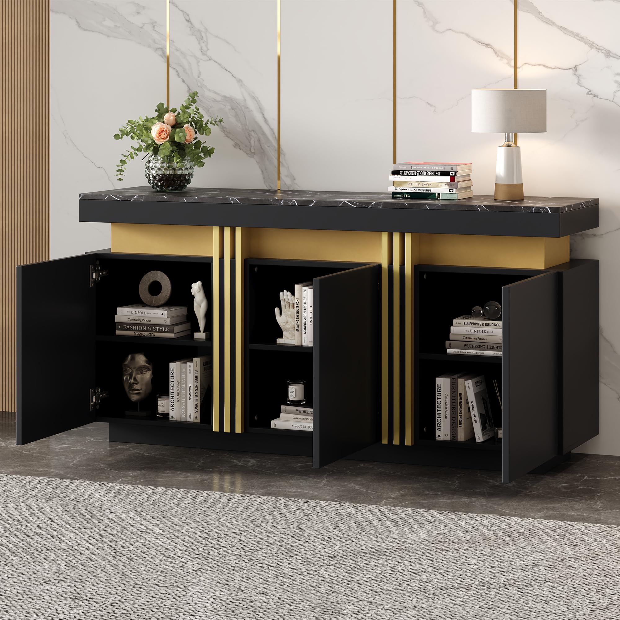 Merax Sideboard, Küchenschrank, Aufbewahrungsschrank mit 3 Türen, Moderne Buffetschrank mit Arbeitsplatte, Verstellbares Regal, Esszimmerschrank für Wohnzimmer, Esszimmer, Flur, Marmoroptik, Schwarz
