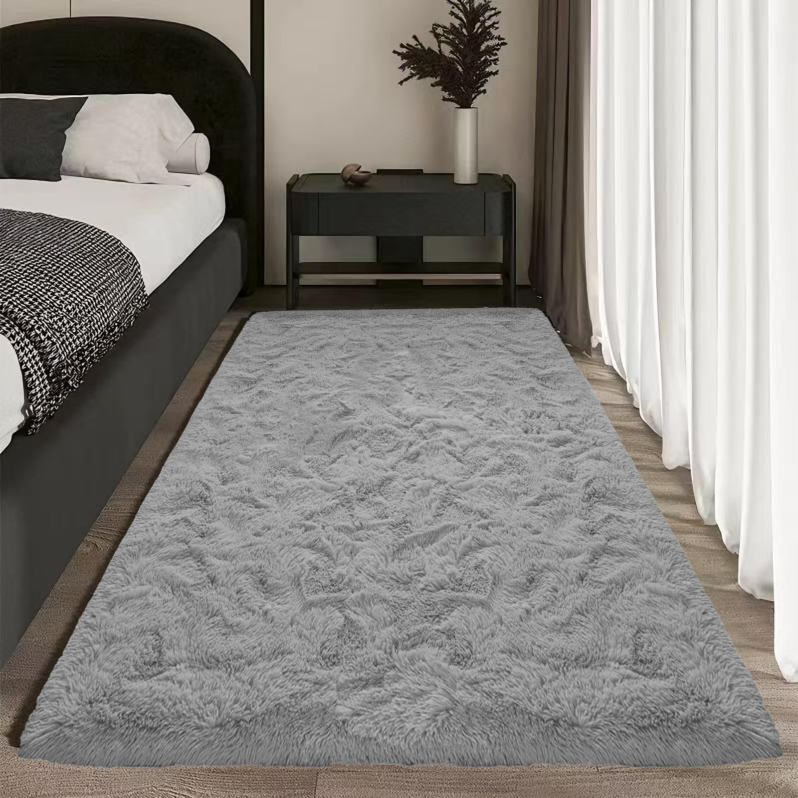 Tapis de salon gris 140x170 cm à poils longs et moelleux pour chambre moderne