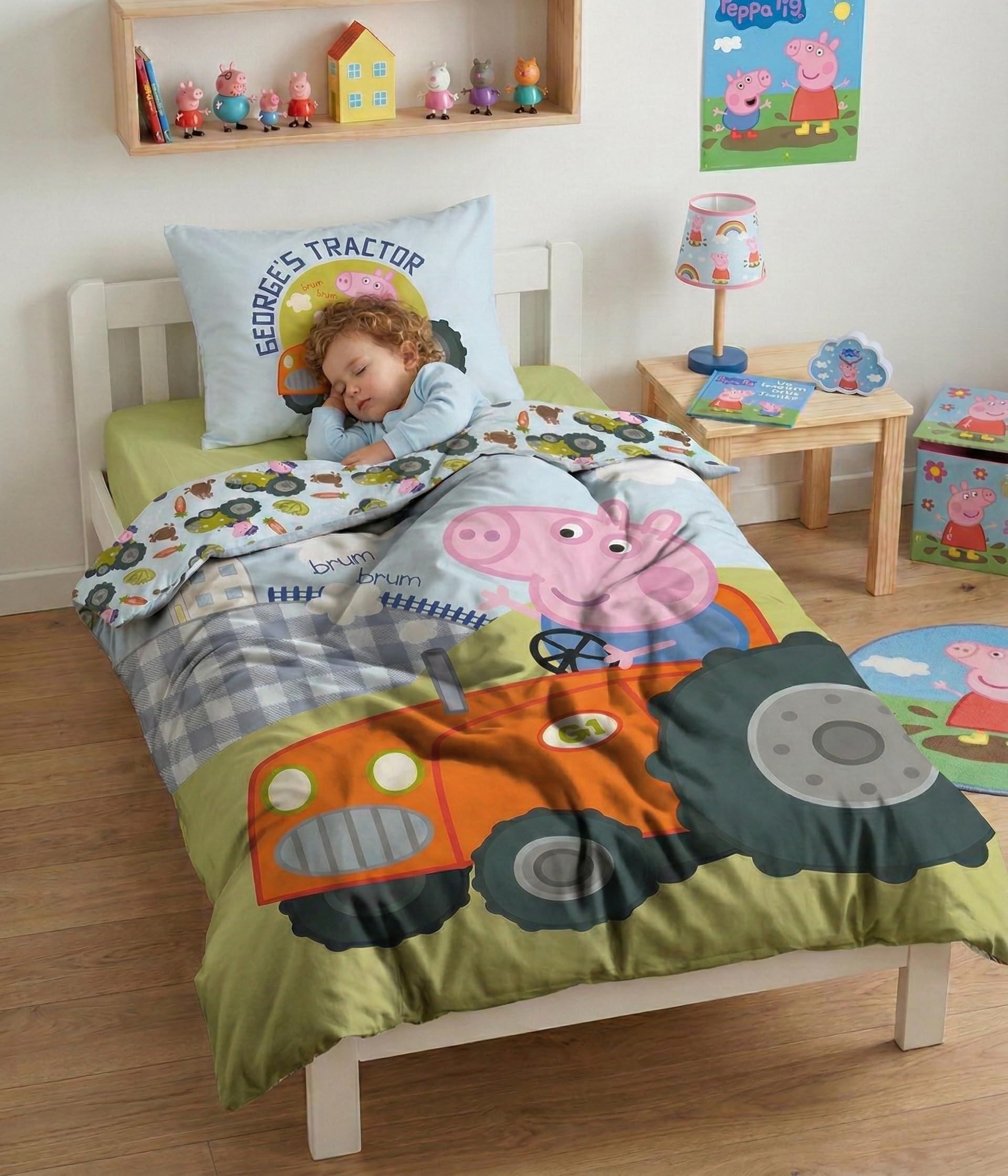 036 Peppa Pig - Biancheria da letto, biancheria per culla/biancheria per culla, Peppa Pig Georges, trattore, biancheria da letto reversibile, federa 40 x 60 + copripiumino 100 x 135 cm, 100% cotone