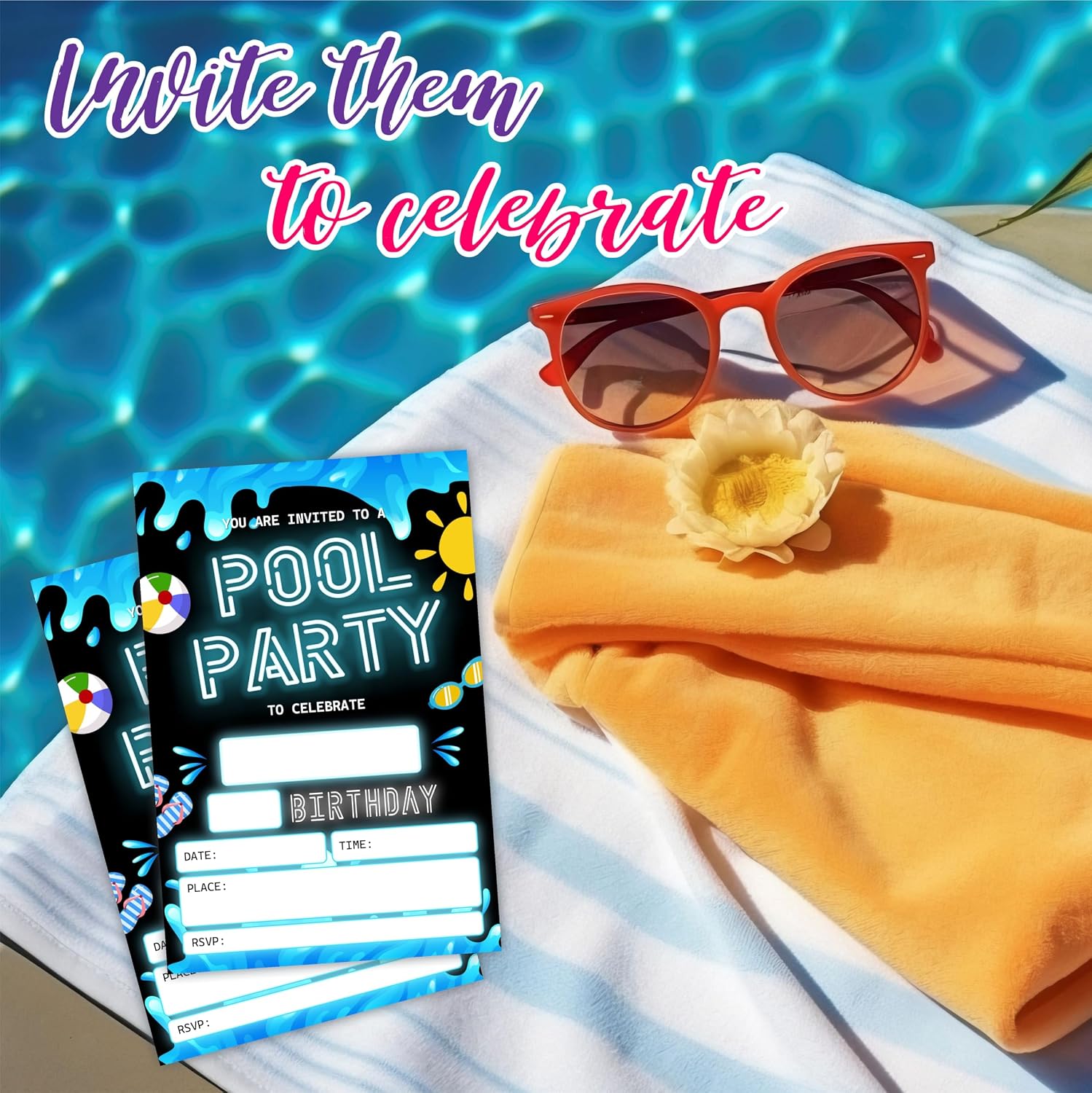 Pool Party Birthday Invitations(4"X 6"), Swimming Pool Double-Sided Invites, Boys & Girls Birthday Invites With Envelopes, Party Decoration & Supplies(Black) - A07